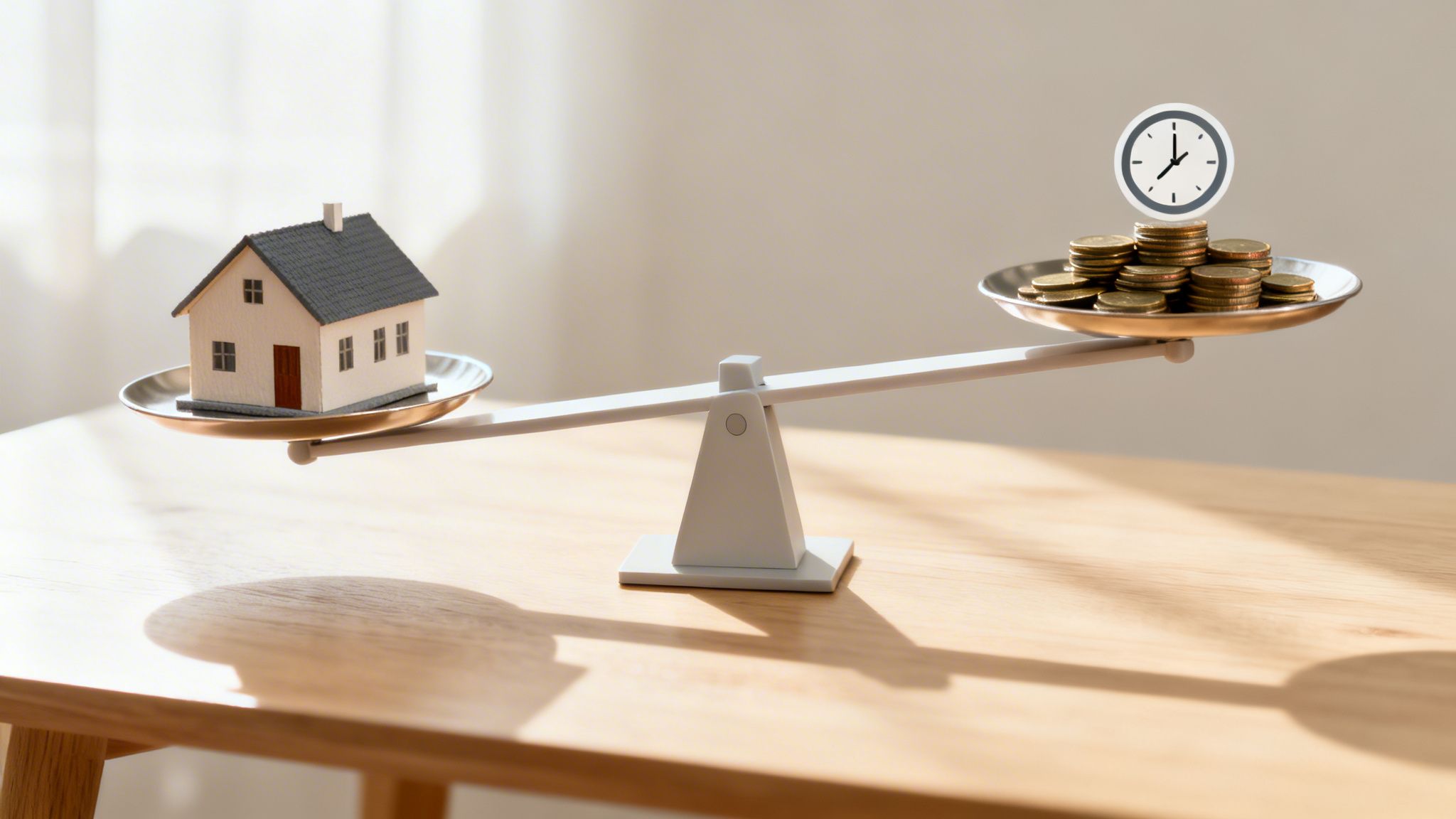 A house model on a balance scale, weighed against stacks of gold coins and a clock icon.