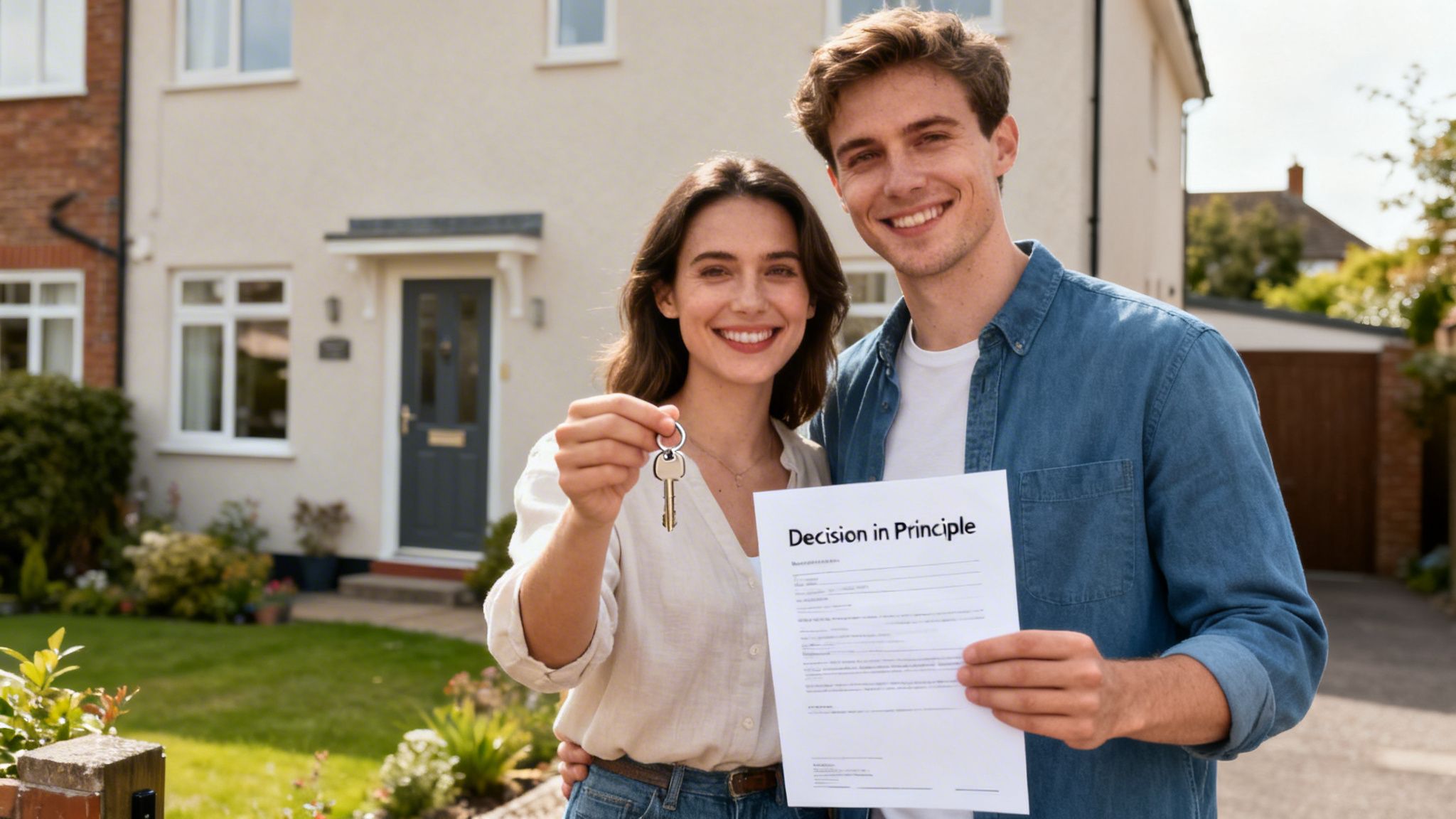 Smiling couple proudly holding keys and mortgage document in front of their new home.