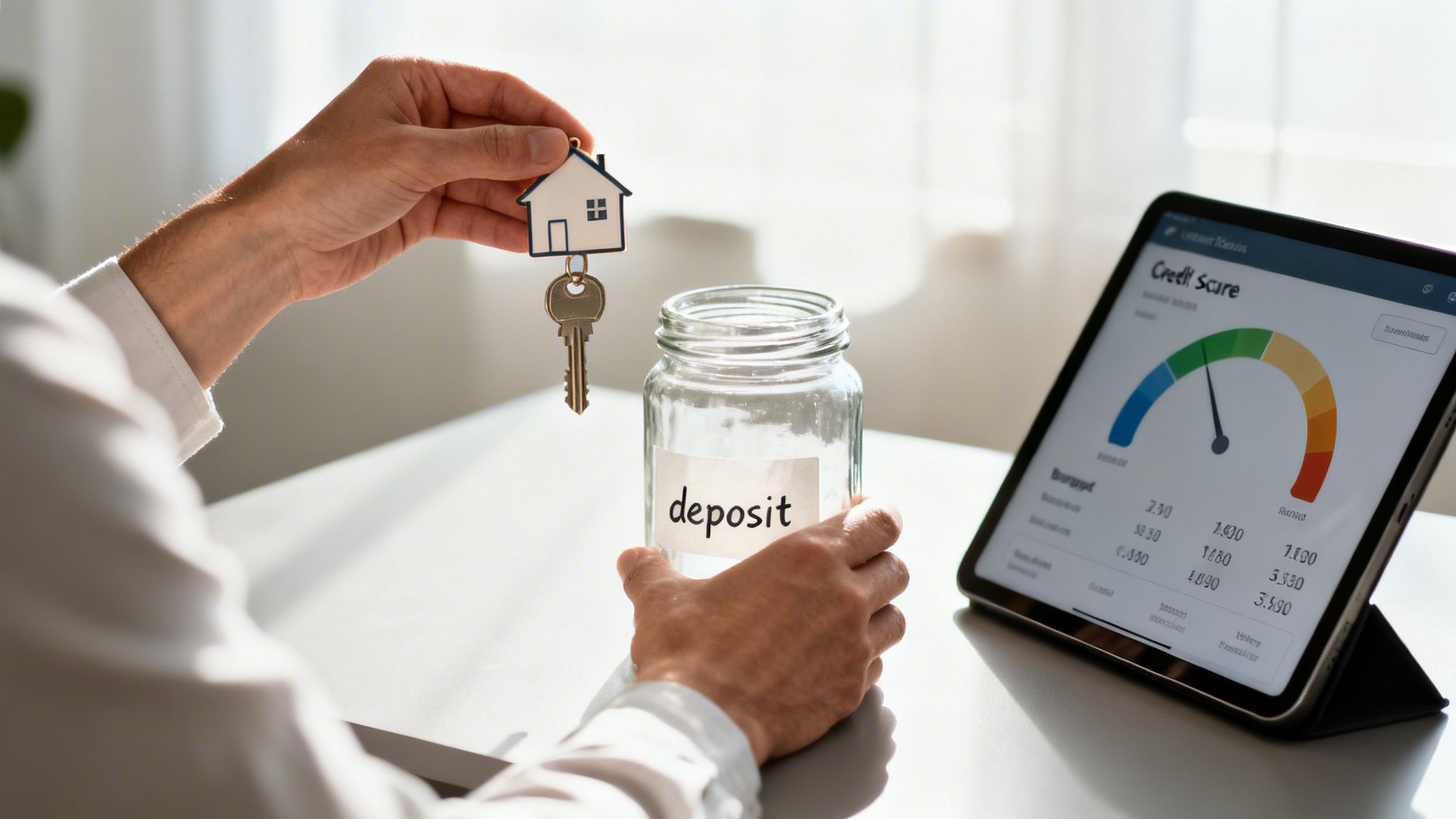 Hands holding a house key and a 'deposit' jar, with a credit score displayed on a tablet.
