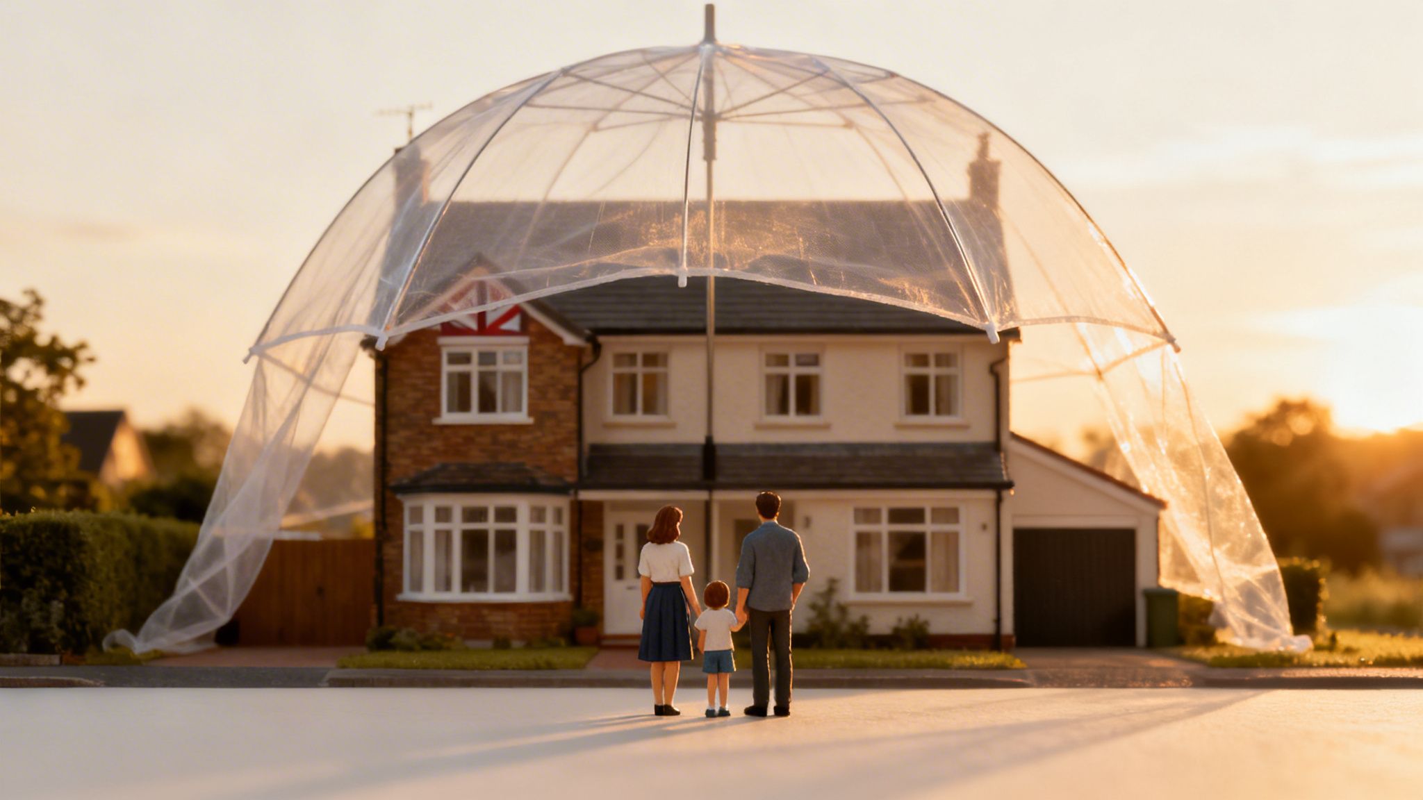 A miniature family and their home are safely covered by a transparent umbrella, symbolizing protection.