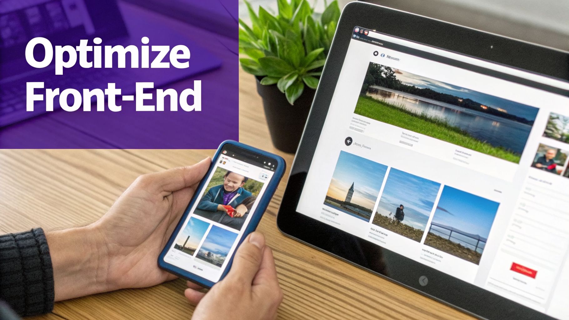 A person holds a smartphone and a tablet, both displaying image galleries, promoting 'Optimize Front--End'.