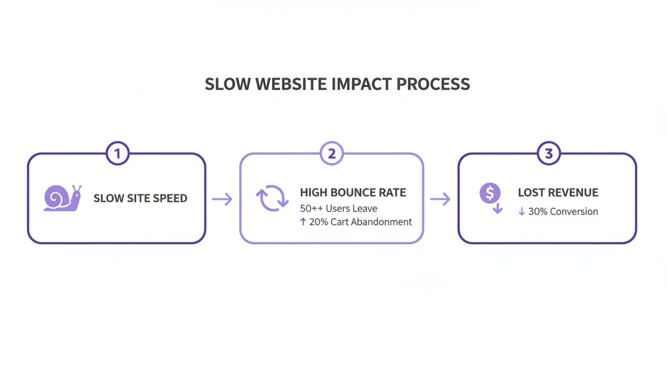 A diagram showing the slow website impact process: slow site speed, high bounce rate, and lost revenue.