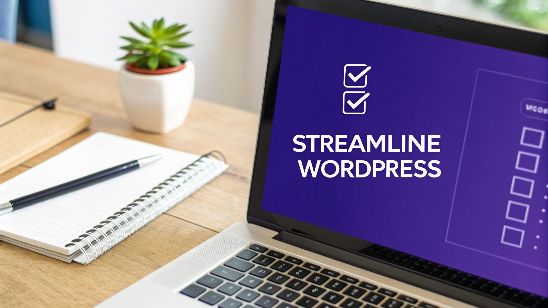 Laptop displaying 'Streamline WordPress' with a checklist, next to a notebook, pen, and a plant.