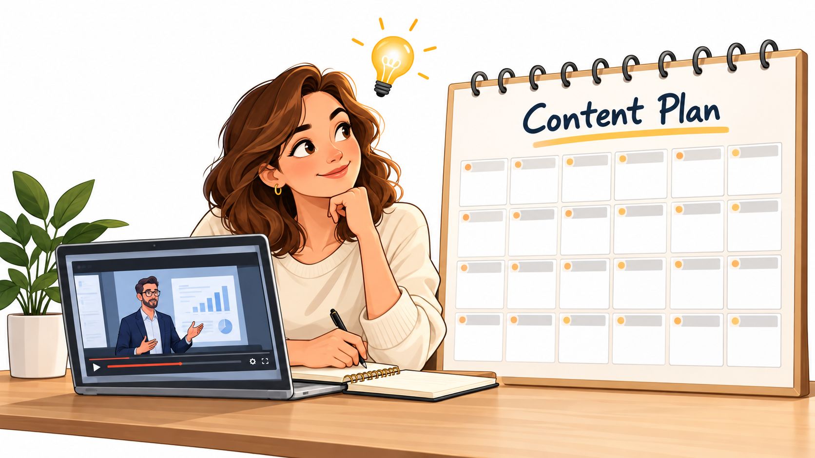 A woman planning a content strategy with a calendar, laptop, and notebook while brainstorming new creative ideas.
