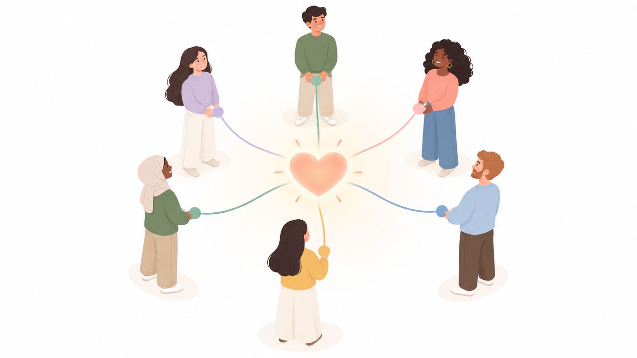 A diverse group of people stand in a circle holding strings connected to a glowing heart illustration.