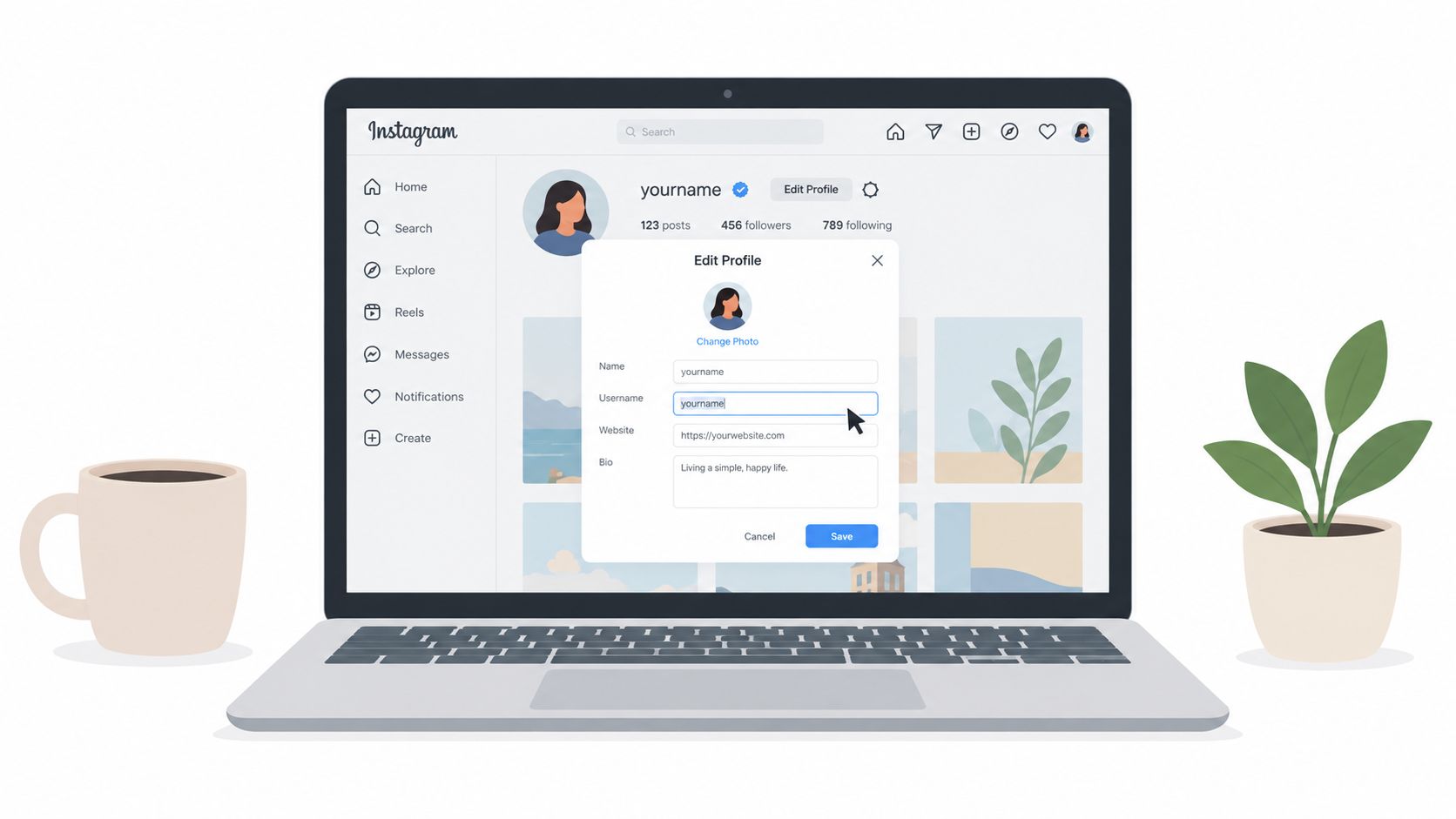 A laptop screen displaying an Instagram profile edit page with fields for name, username, website, and bio.