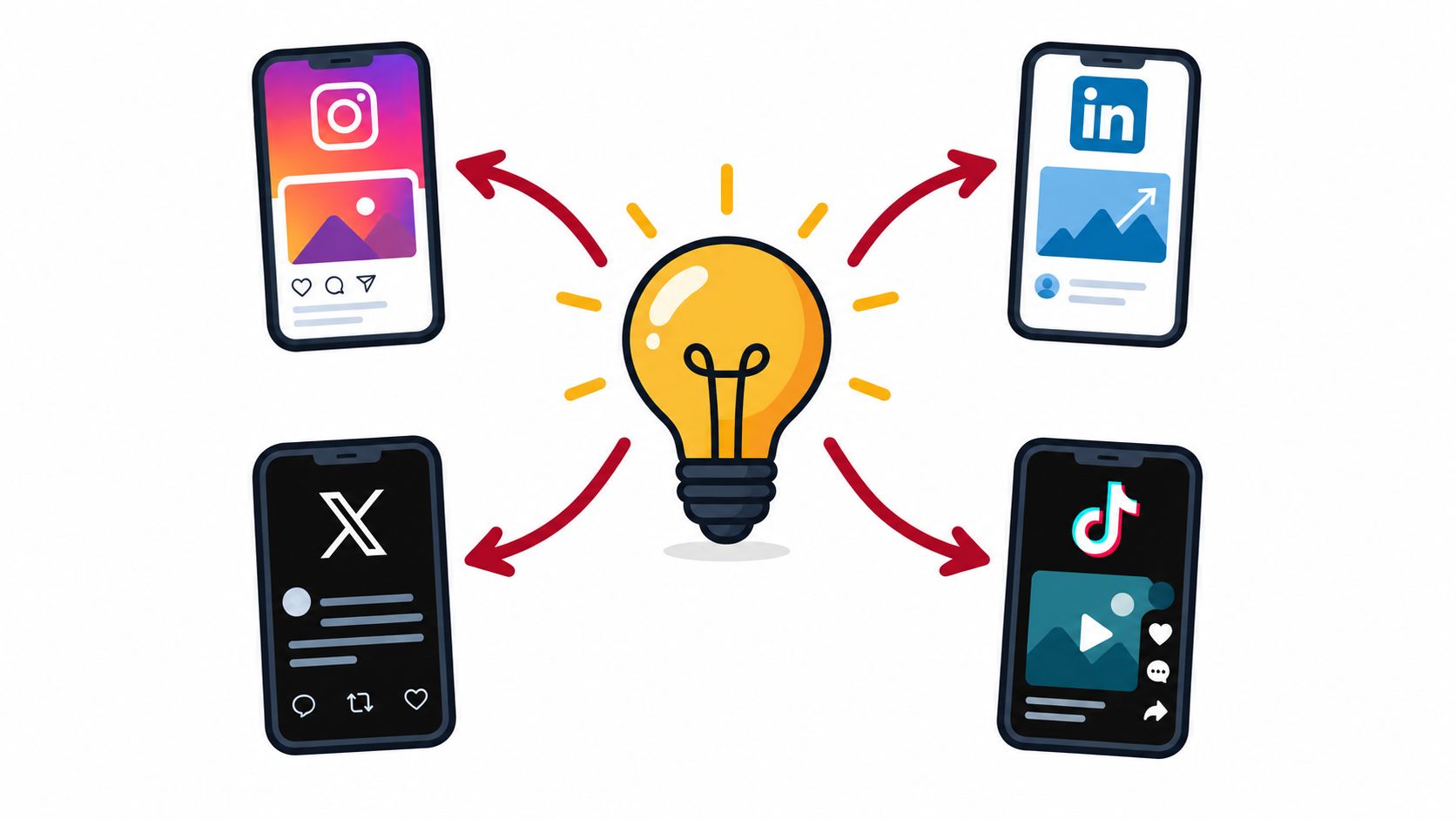 A lightbulb representing ideas pointing towards mobile phone icons of popular social media platforms.