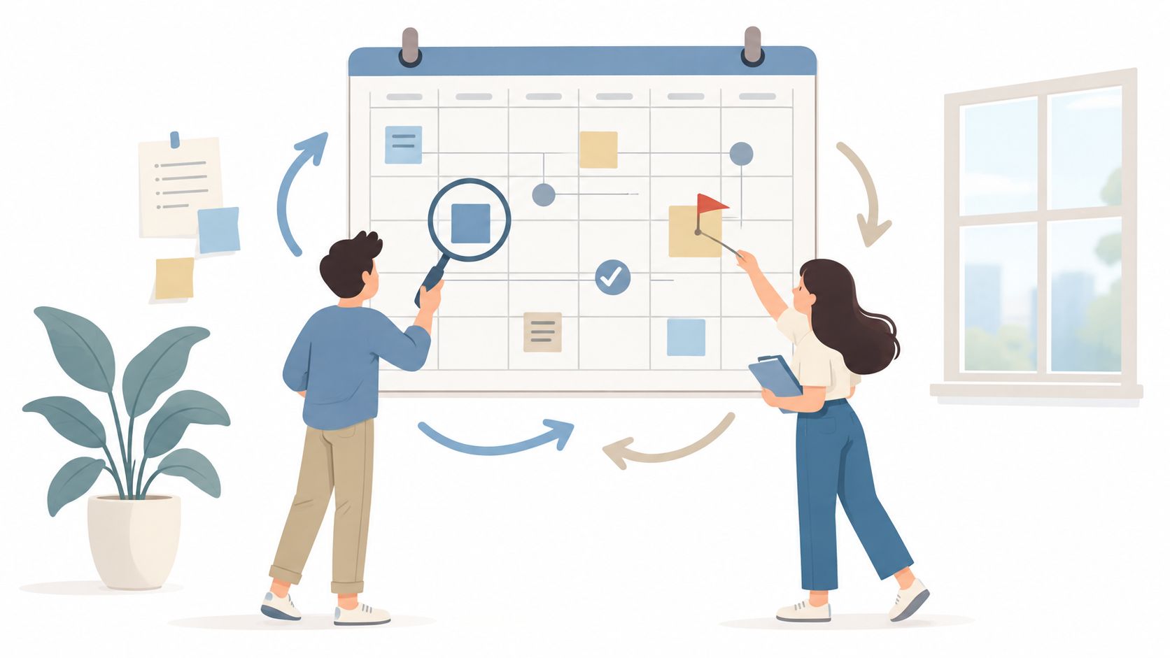 A man and woman collaborating while planning project tasks on a large wall calendar in an office.