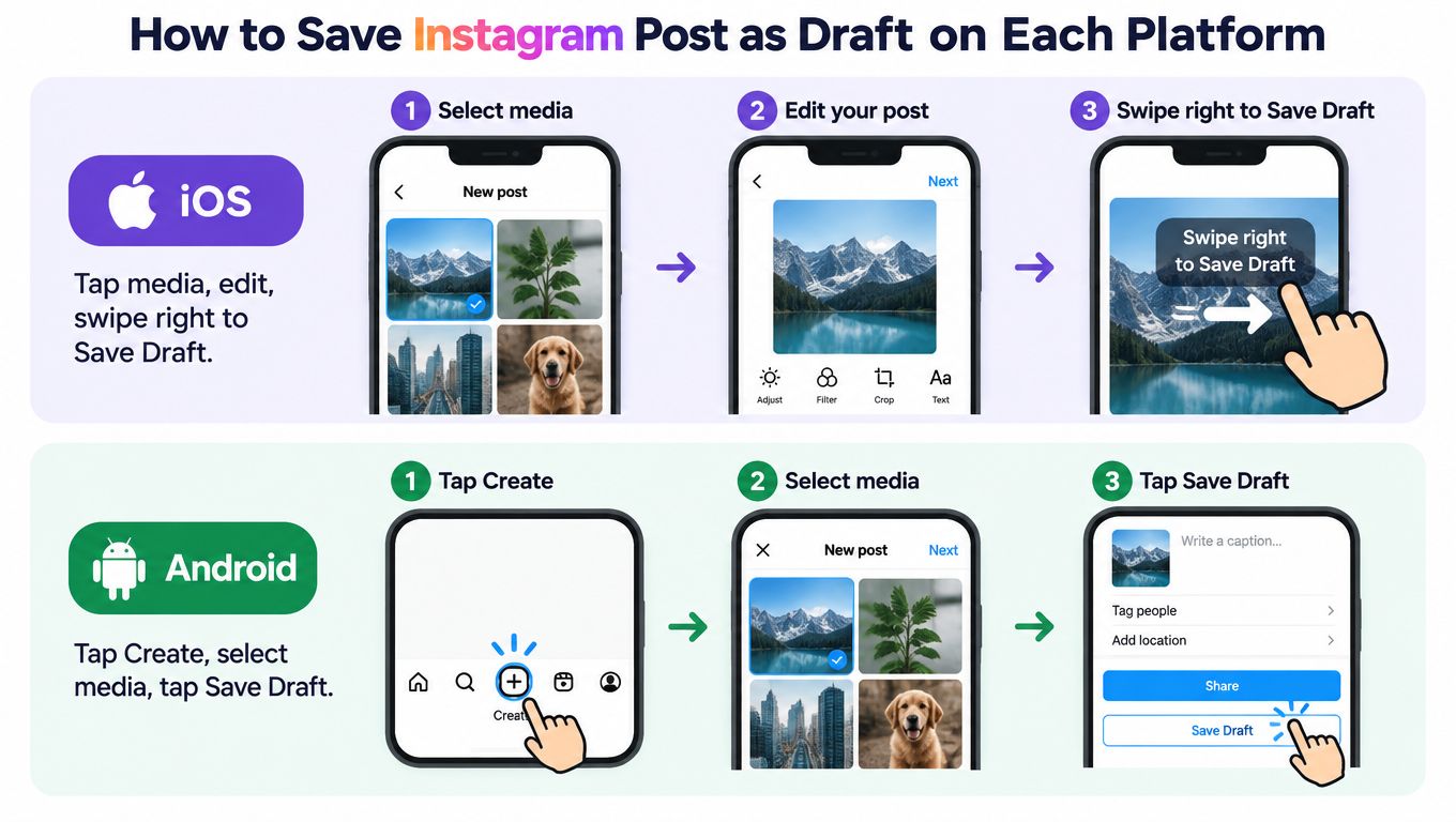A step-by-step guide illustrating how to save an Instagram post as a draft on iOS and Android devices.