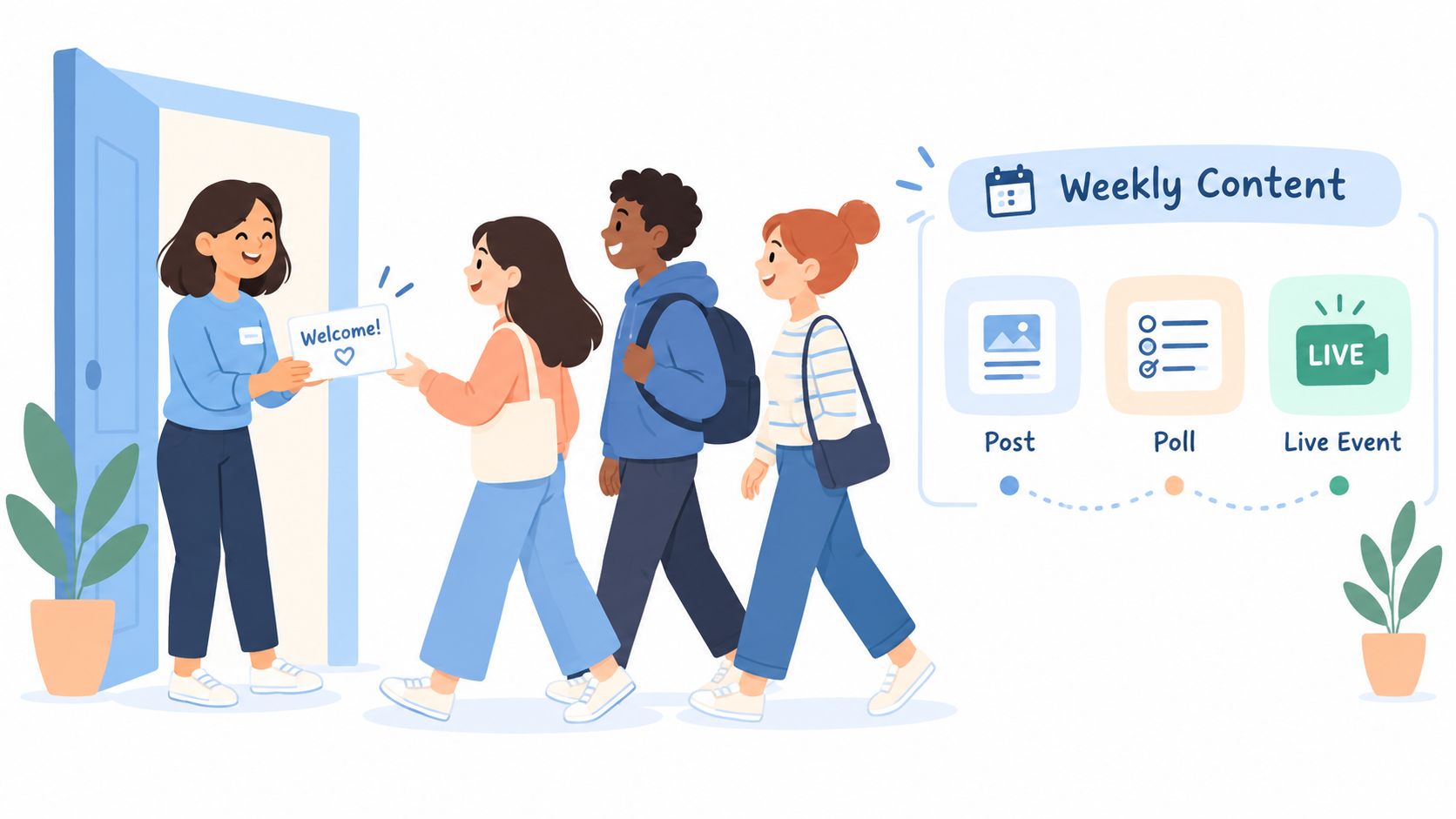 A friendly illustration of a person welcoming three students into a community group with weekly content shown.