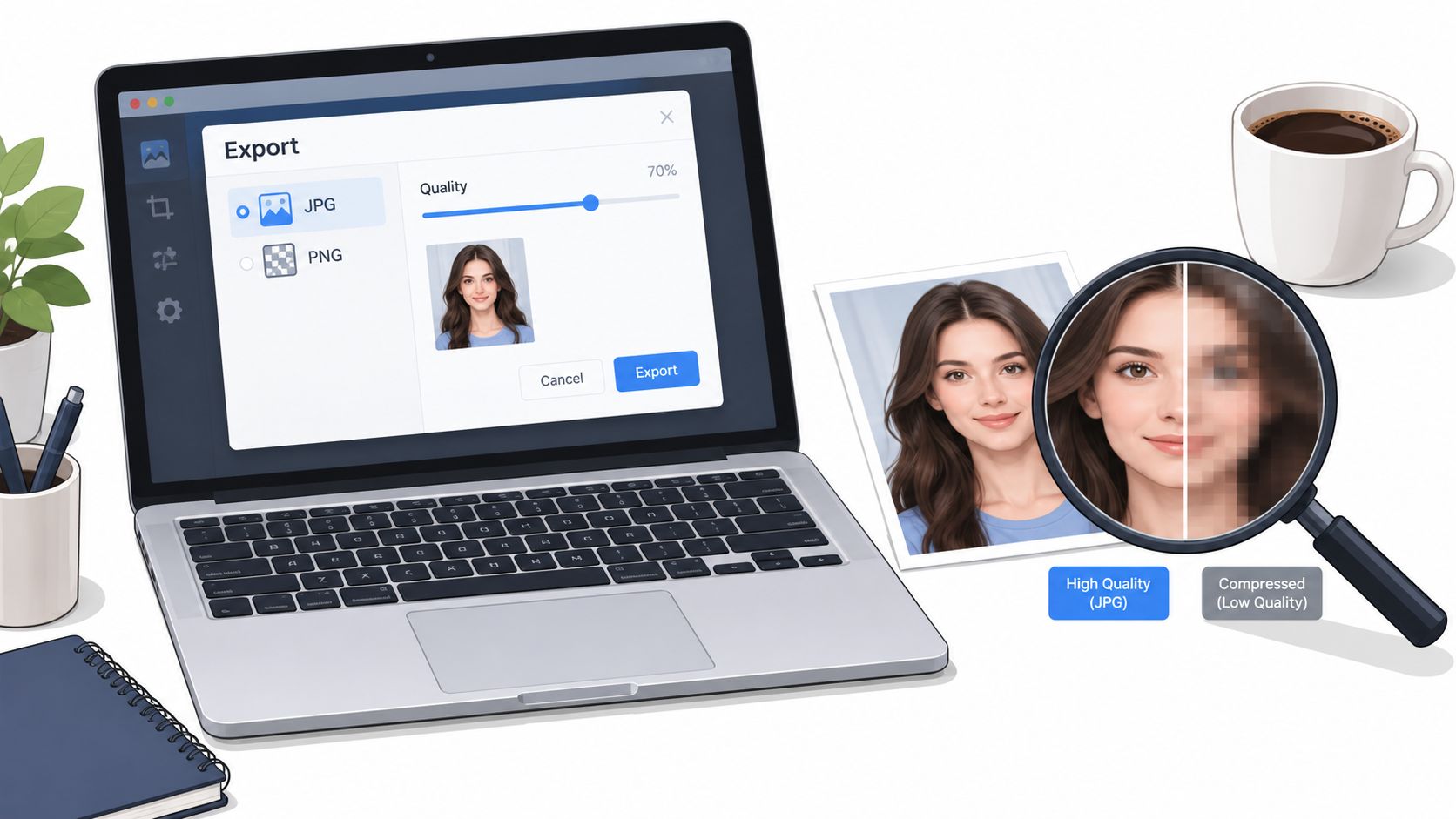 A laptop screen displaying an image export settings menu with a profile photo comparison via magnifying glass.