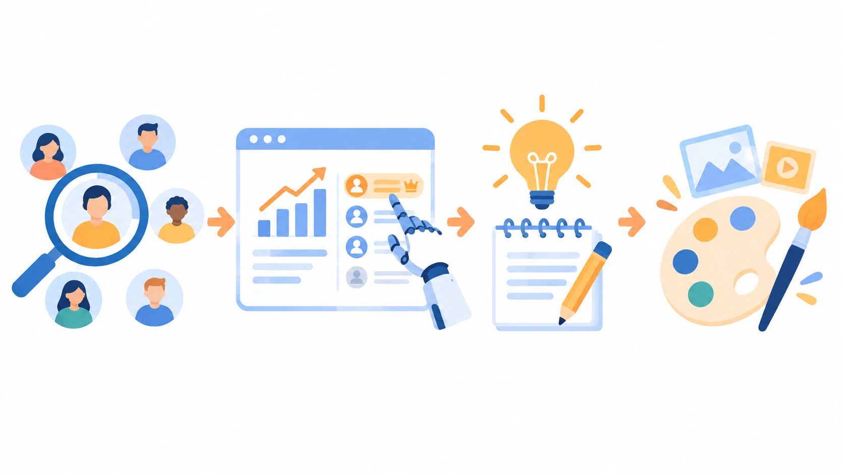 A digital graphic illustrating an AI marketing process from customer analysis to data-driven content creation and design.