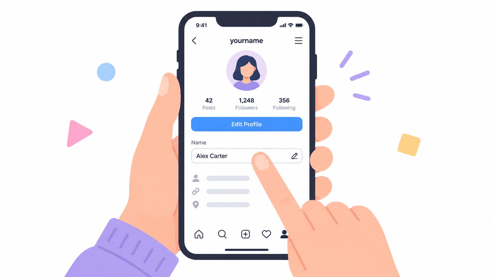 A hand holding a smartphone showing an Instagram profile page with a finger touching the name edit field.