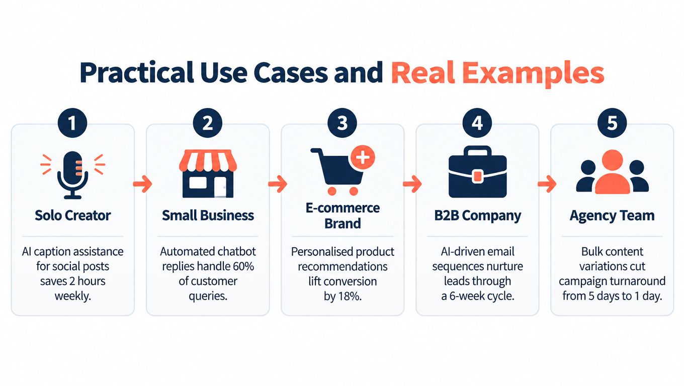 A diagram illustrating five practical use cases for AI marketing across various business types and team roles.