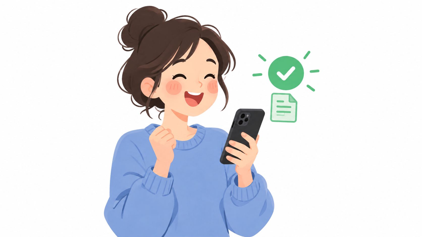 A happy young woman celebrating after successfully saving an Instagram post as a draft on her phone.