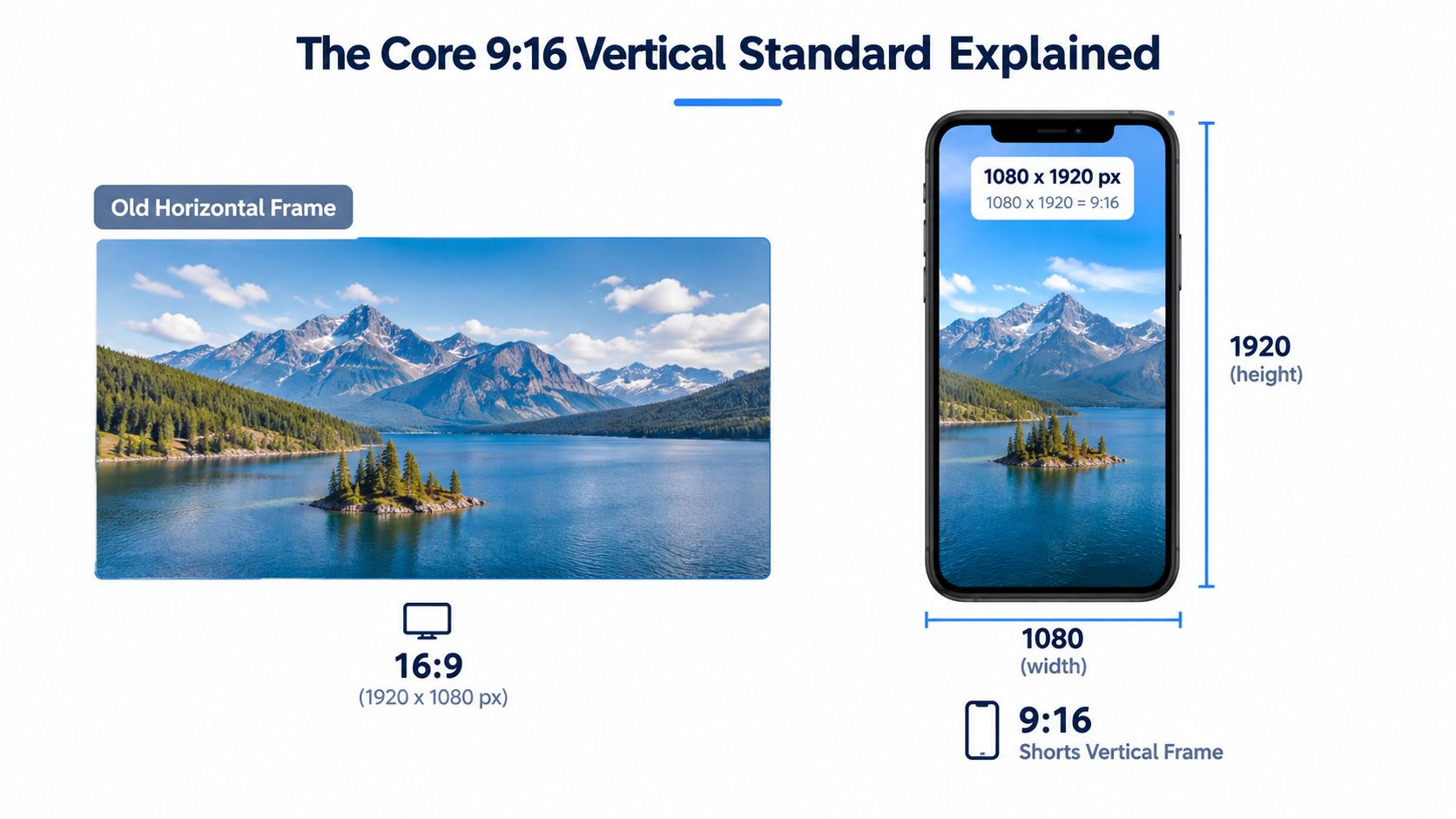 A comparison illustration showing the difference between traditional 16:9 horizontal video and 9:16 vertical Shorts aspect ratios.