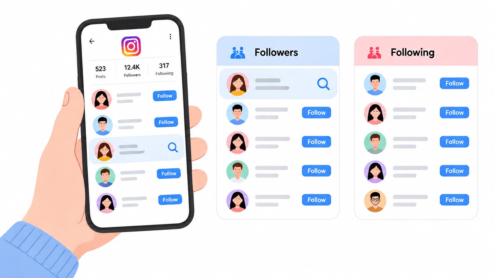 A hand holding a smartphone showing an Instagram profile with Follower and Following user interface lists.