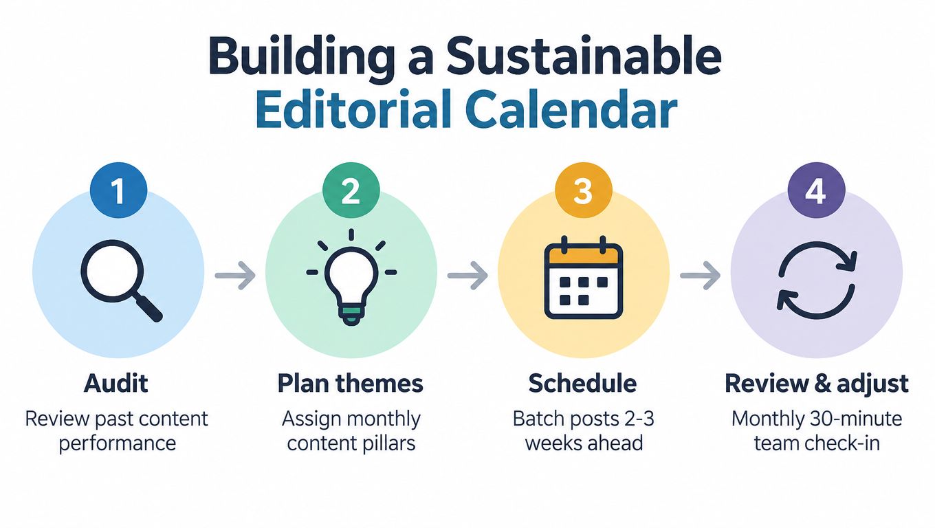A four-step infographic illustrating the process of building a sustainable editorial calendar for content planning.