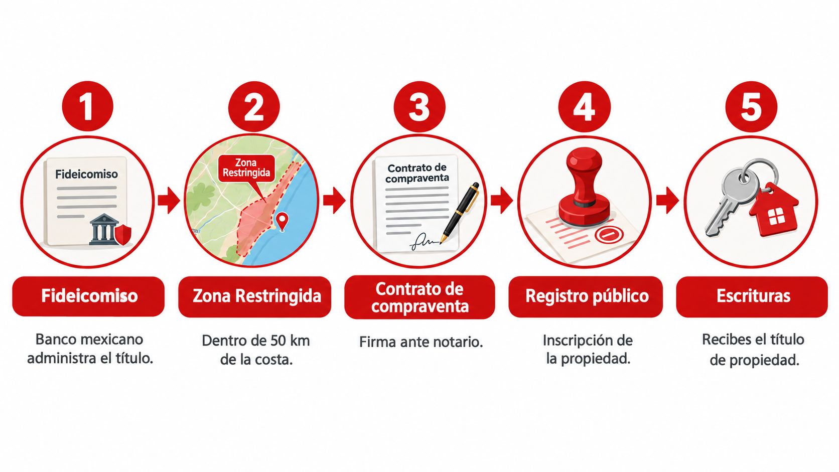 Proceso de cinco pasos para la compra de propiedad inmobiliaria en una zona restringida de México.