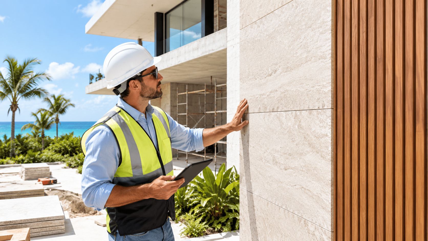 Un inspector de construcción con casco y chaleco examina la pared exterior de una moderna villa costera.