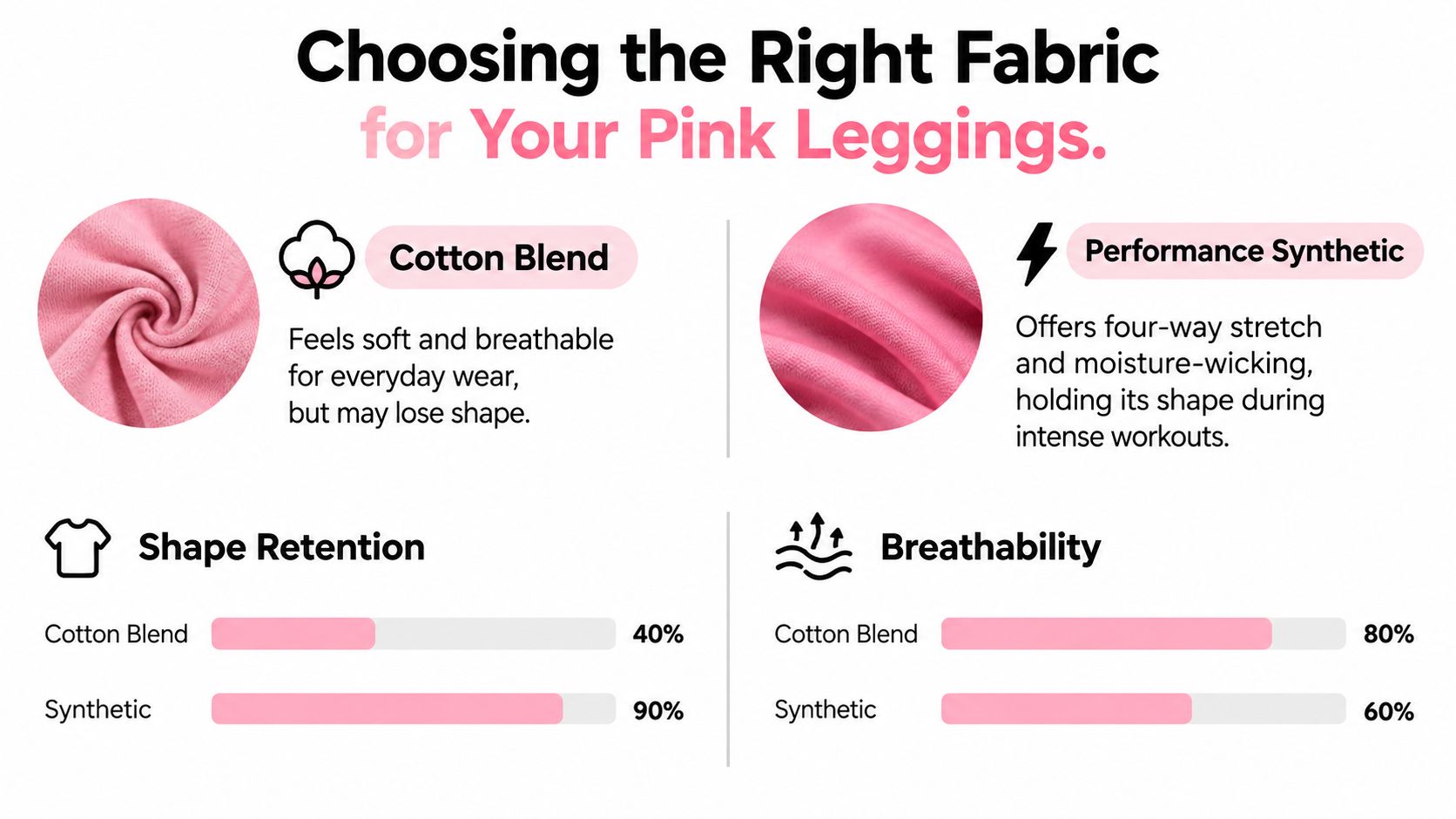 A comparison infographic showing the pros and cons of cotton blend versus synthetic fabric for pink leggings.