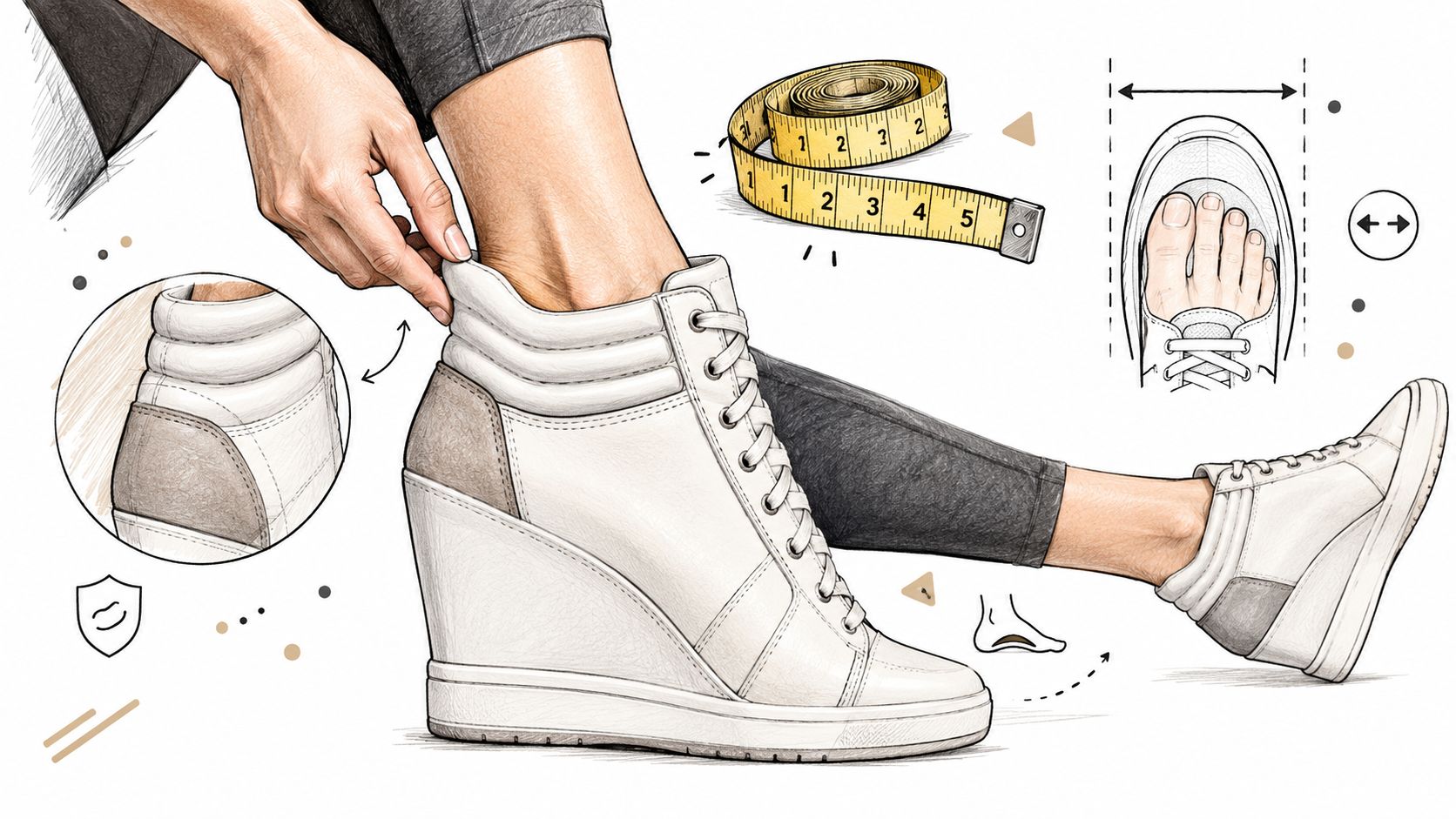 A detailed illustration of a stylish women's wedge sneaker, showcasing fit, comfort features, and foot measurement techniques.