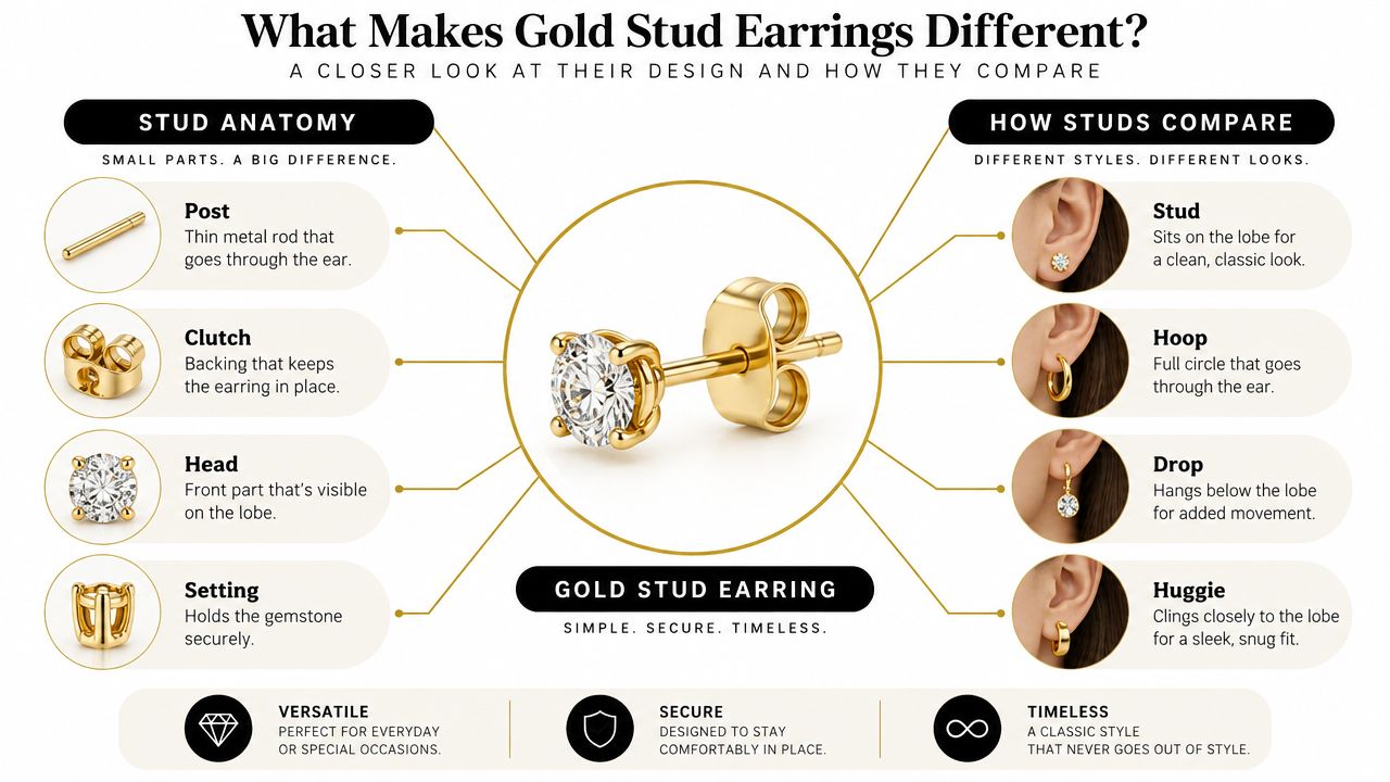 A detailed infographic explaining the anatomical parts and different styles of gold stud earrings for jewelry buyers.