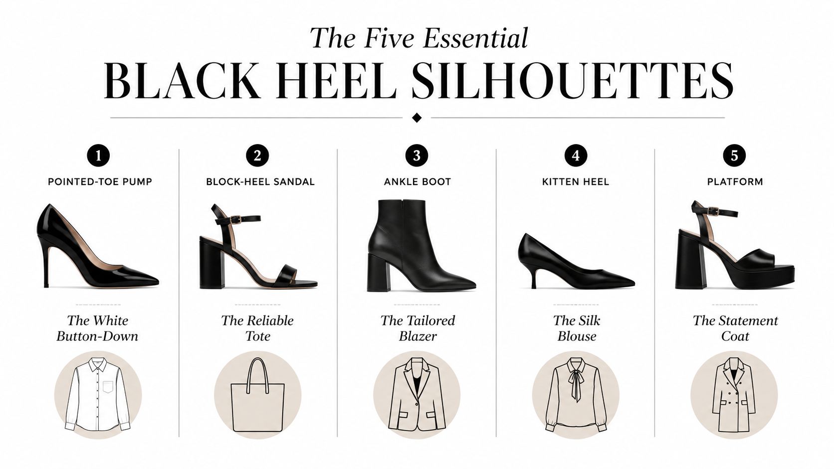 A fashion infographic displaying five essential black high heel silhouettes paired with matching classic clothing items.