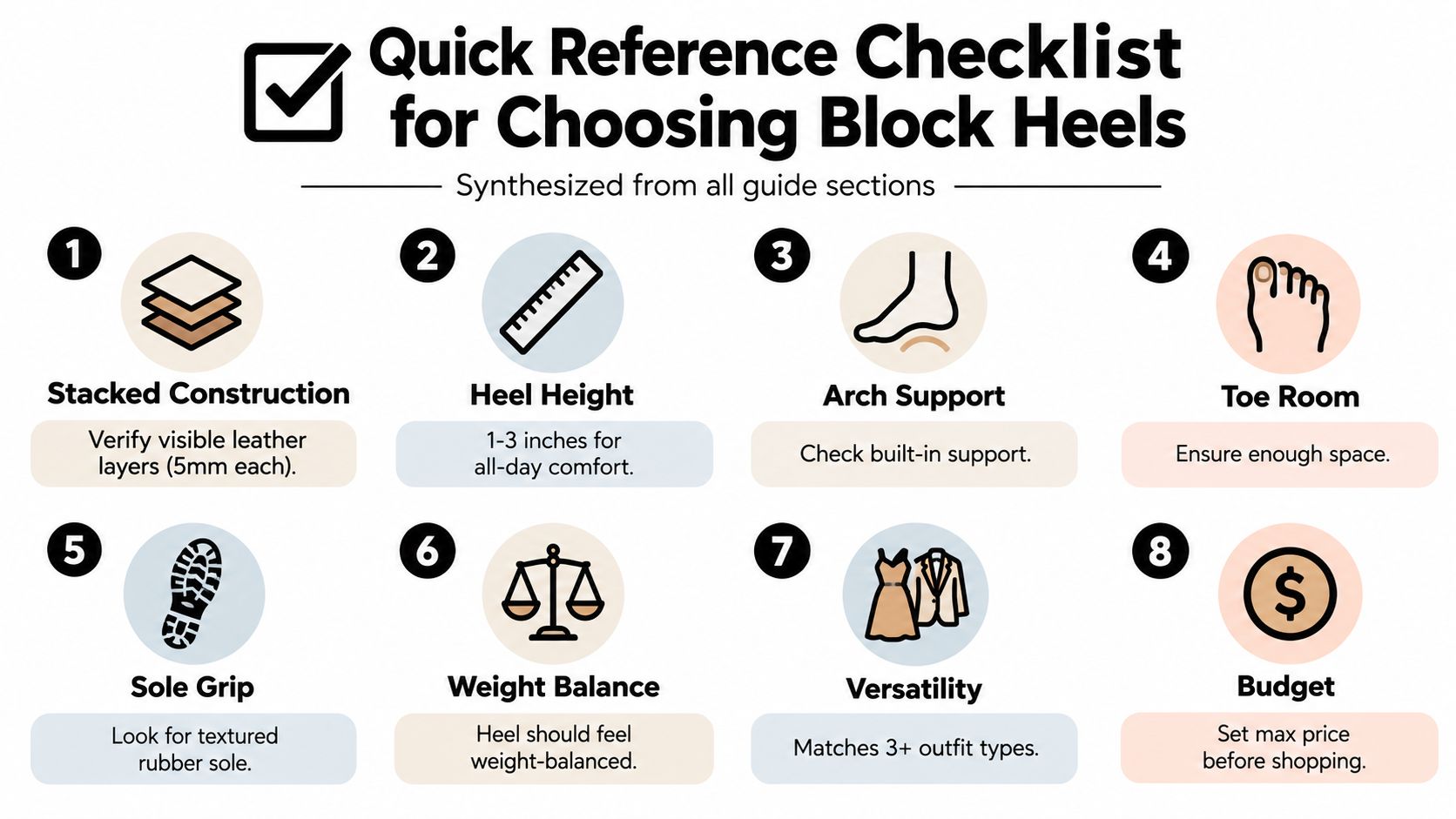 A quick reference checklist infographic showing eight essential factors to consider when choosing comfortable block heels.