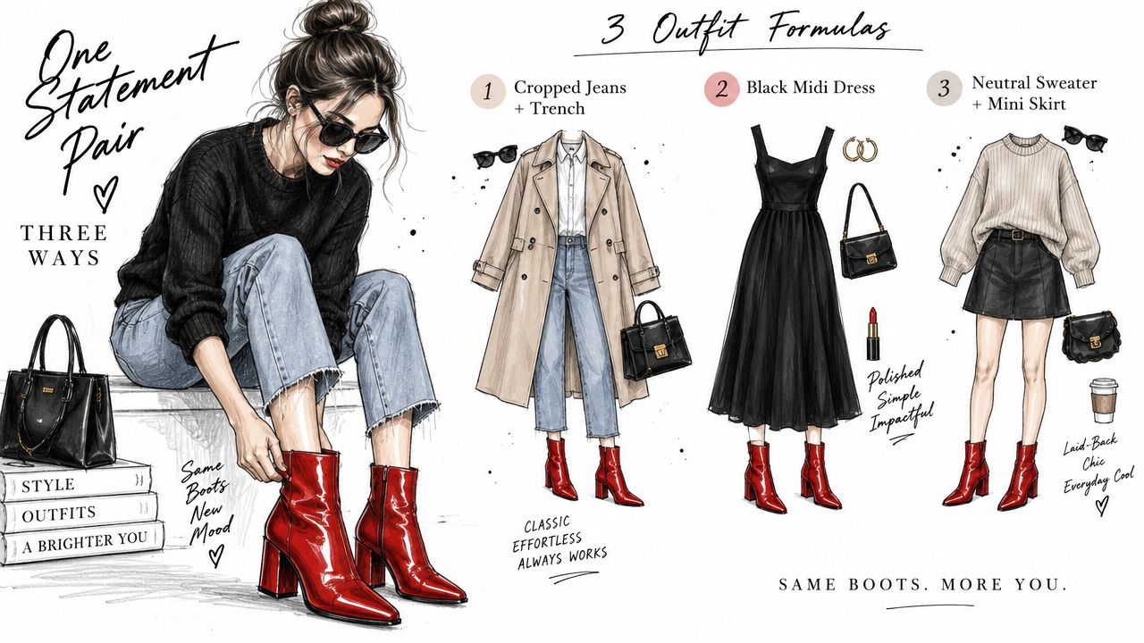 A fashion illustration showcasing three outfit formulas featuring the same stylish red ankle boots for women.