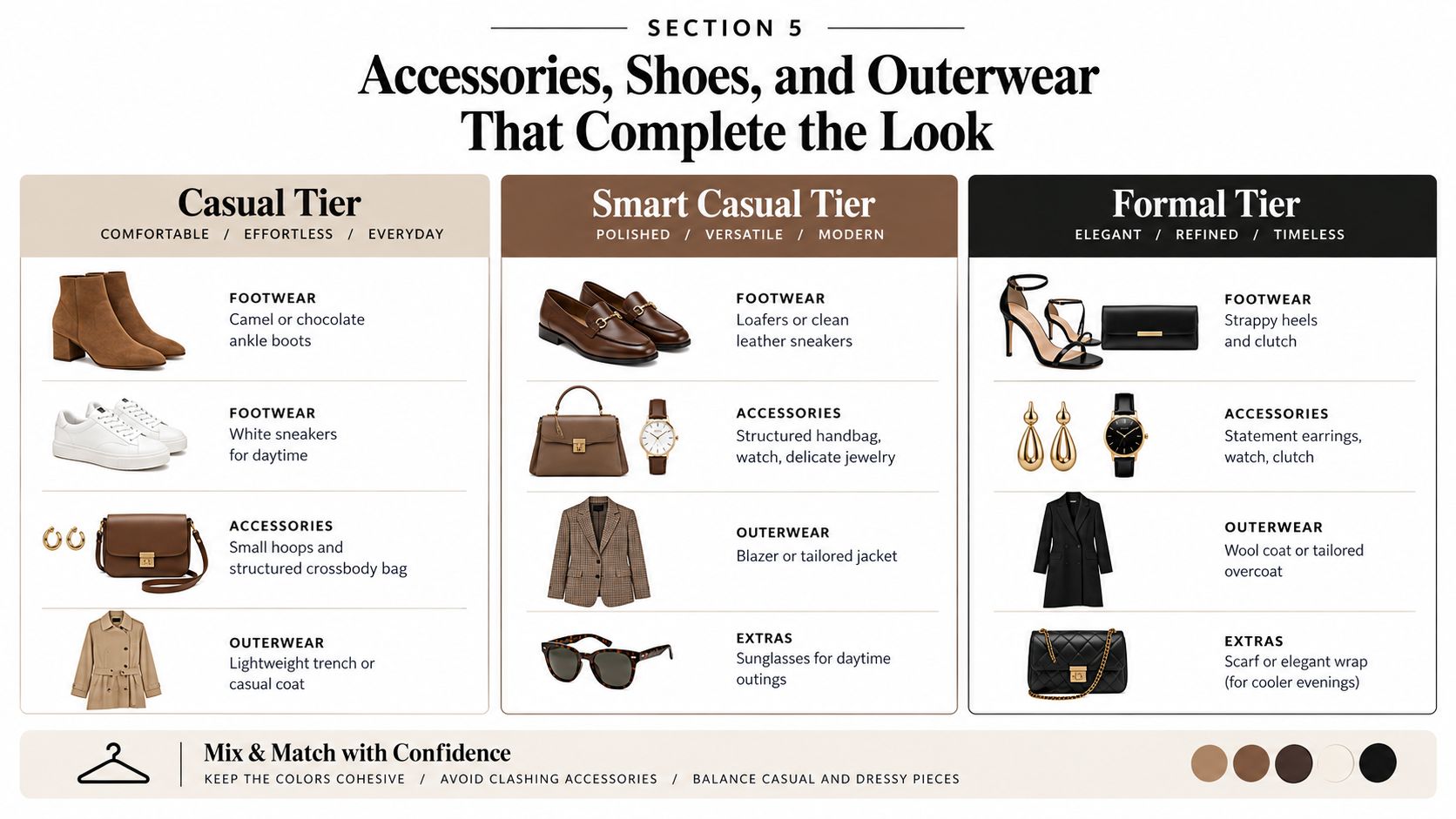 A fashion guide infographic detailing accessories, shoes, and outerwear for casual, smart casual, and formal styles.