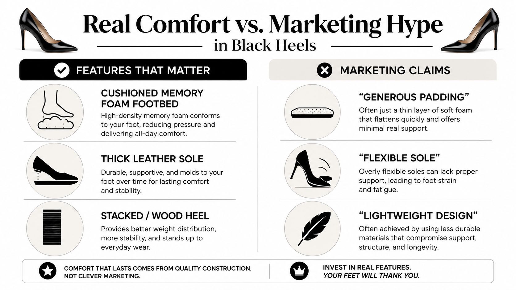 An infographic comparing the real comfort features of black heels versus common marketing hype and claims.
