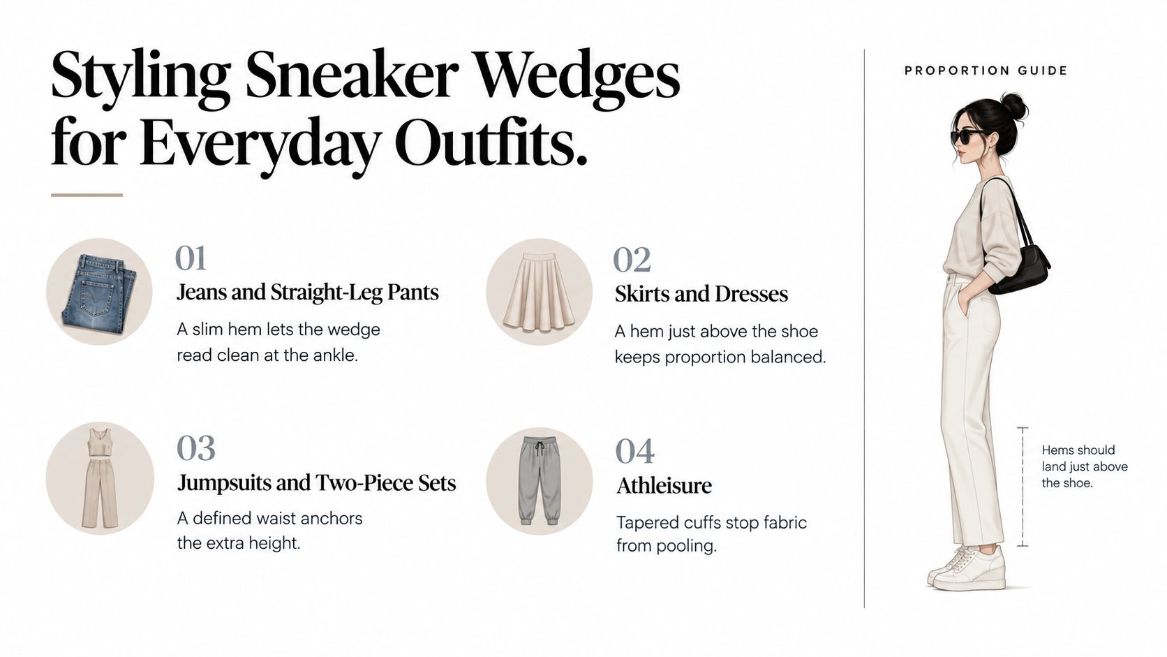 An infographic displaying styling tips for wearing sneaker wedges with various everyday outfits and clothing styles.