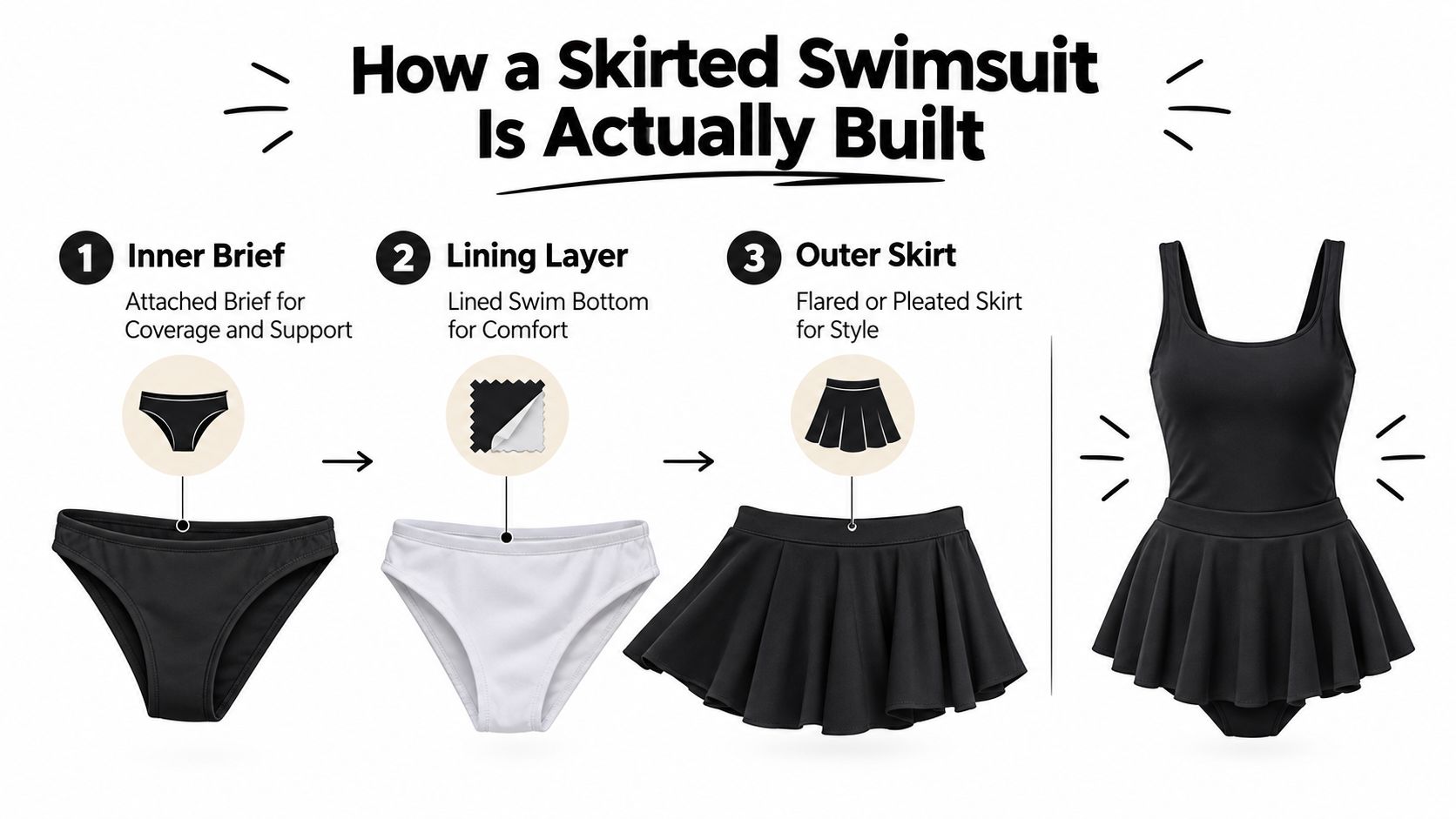 An infographic showing the construction of a skirted swimsuit, featuring layers like an inner brief, lining, and outer skirt.