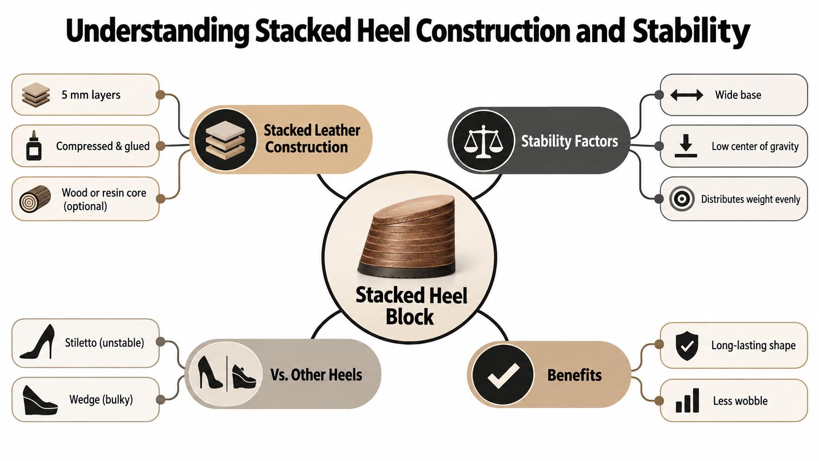 An infographic explaining the construction, stability factors, benefits, and comparisons of stacked block heels for footwear.