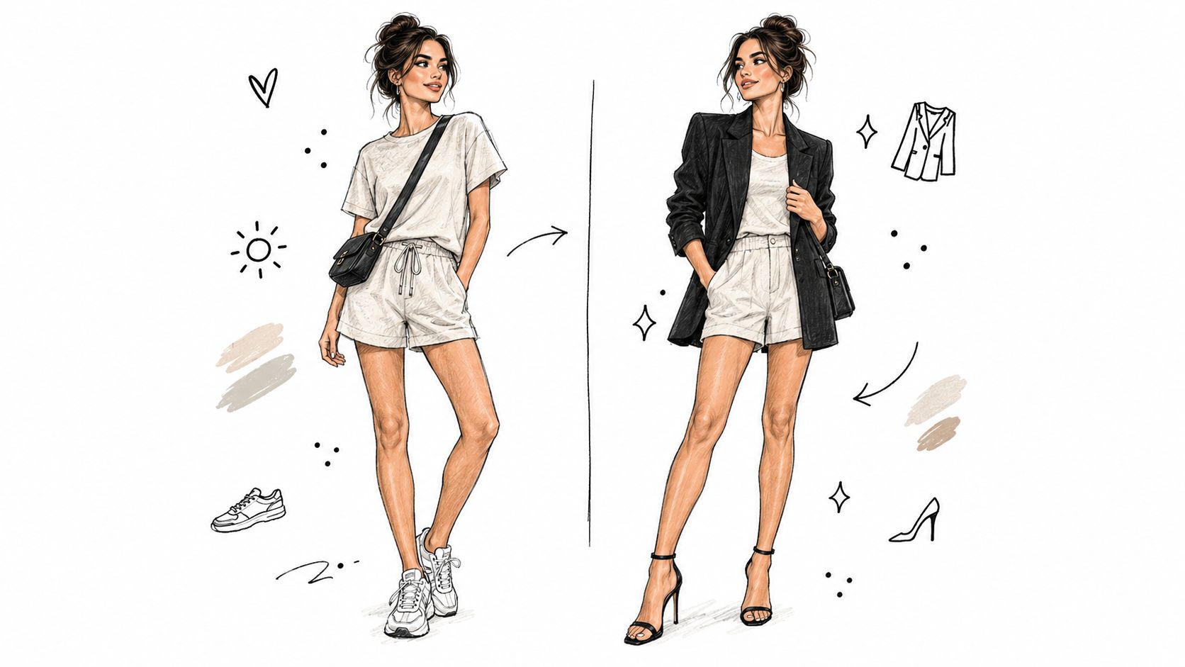 A fashion illustration showing a woman styling a beige shorts set for both casual and formal occasions.