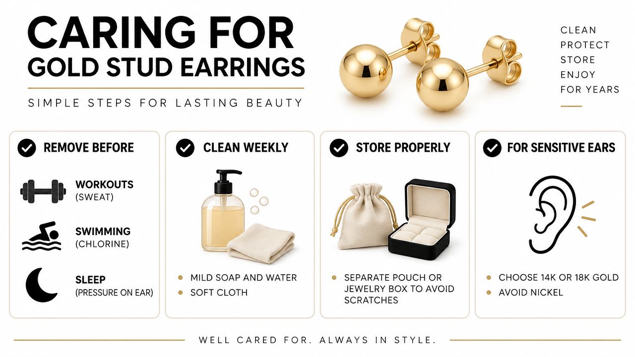 An infographic showing tips for caring for gold stud earrings, including cleaning, storage, and removal advice.