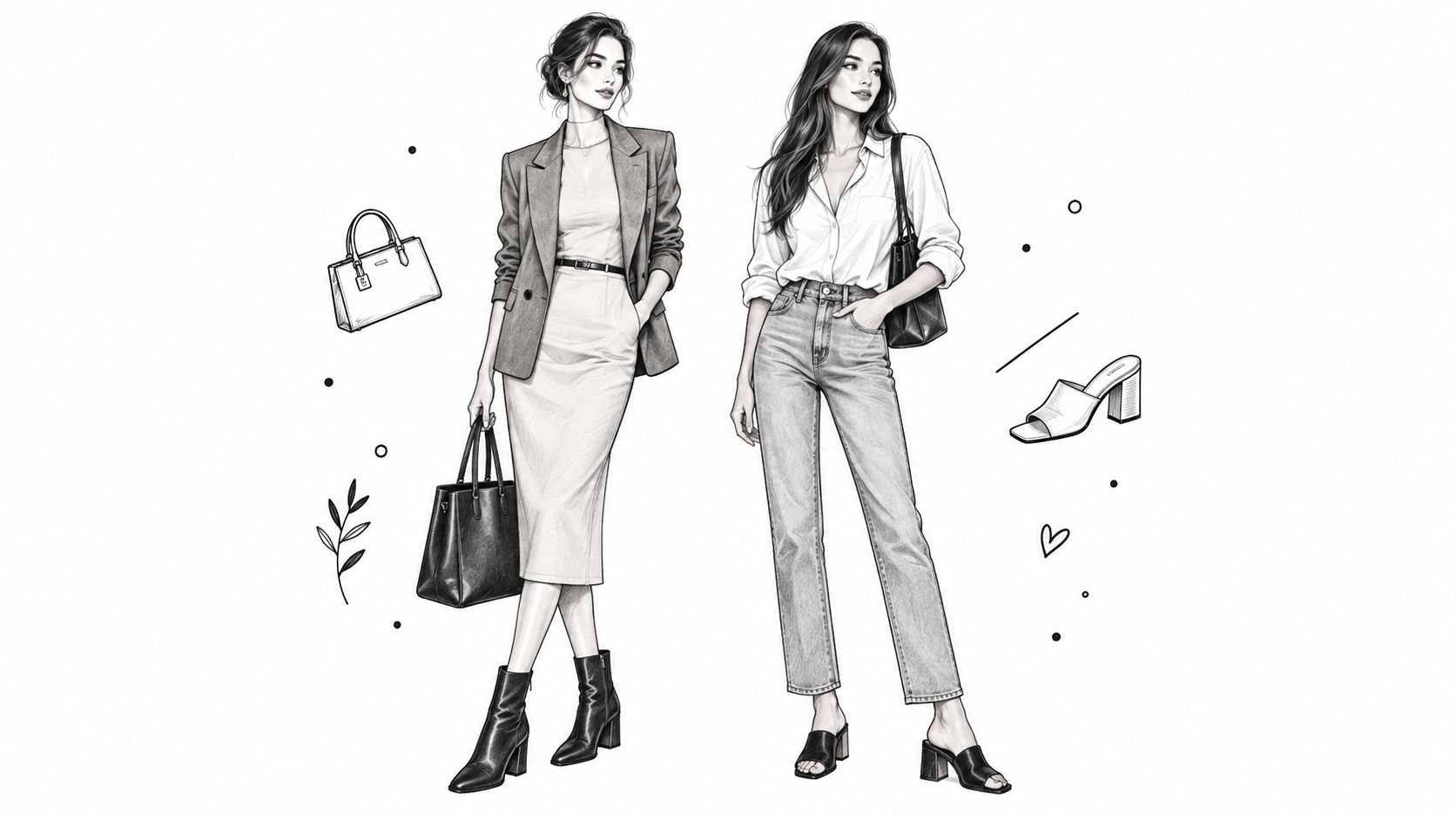 A black and white fashion illustration of two women modeling professional and casual chic outfits with accessories.