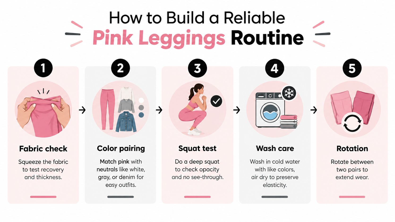 A five-step infographic showing how to build a reliable pink leggings routine for daily wear.