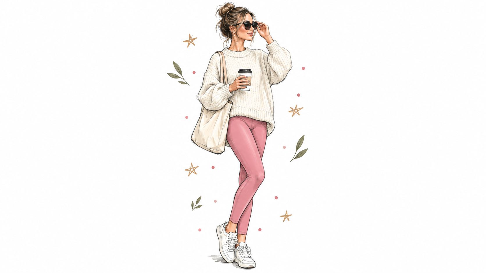 A stylish woman in a cream sweater and pink leggings holding a coffee cup, illustrated style.
