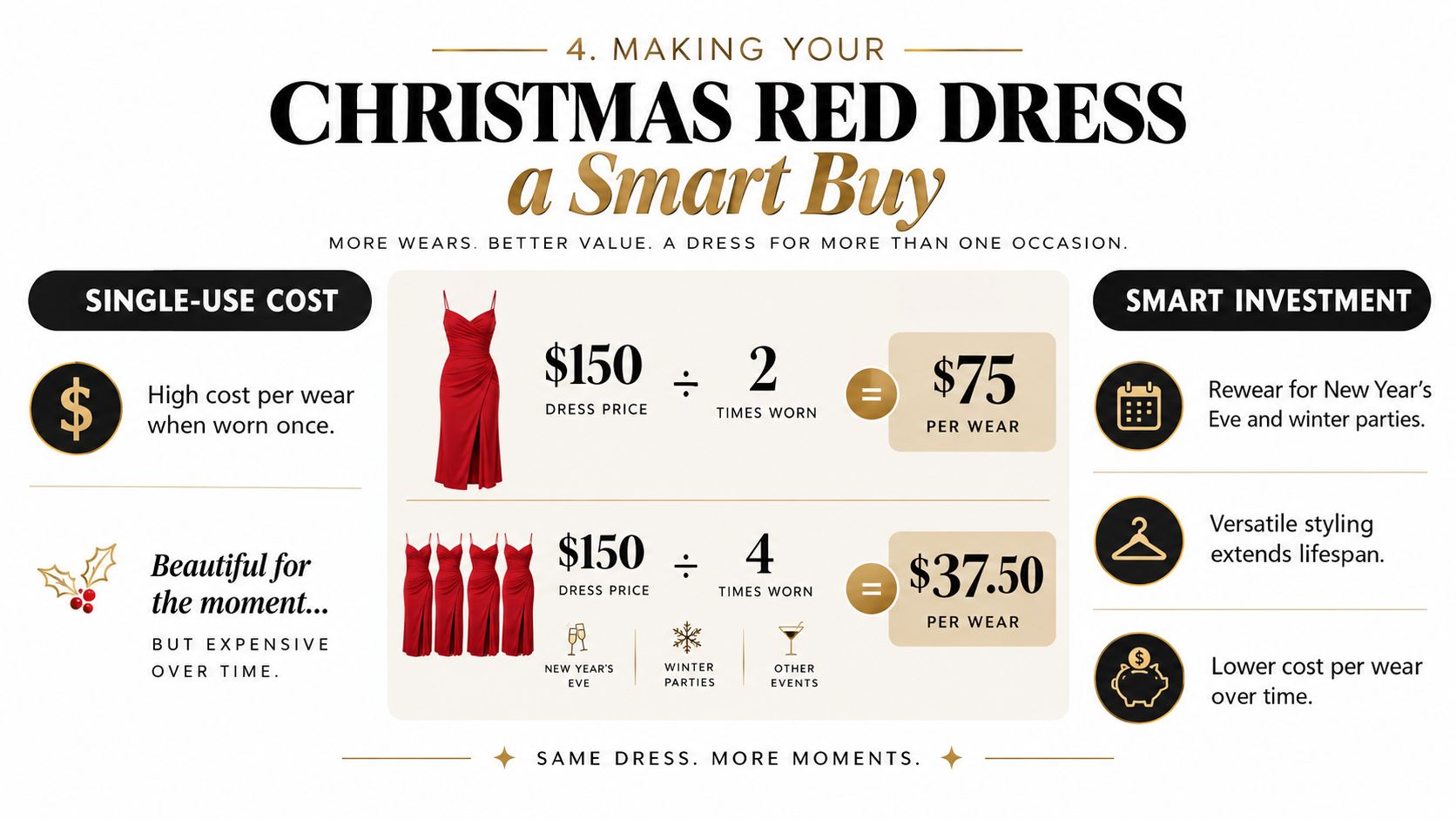 An infographic illustrating how to calculate the cost per wear of a red Christmas dress for better value.