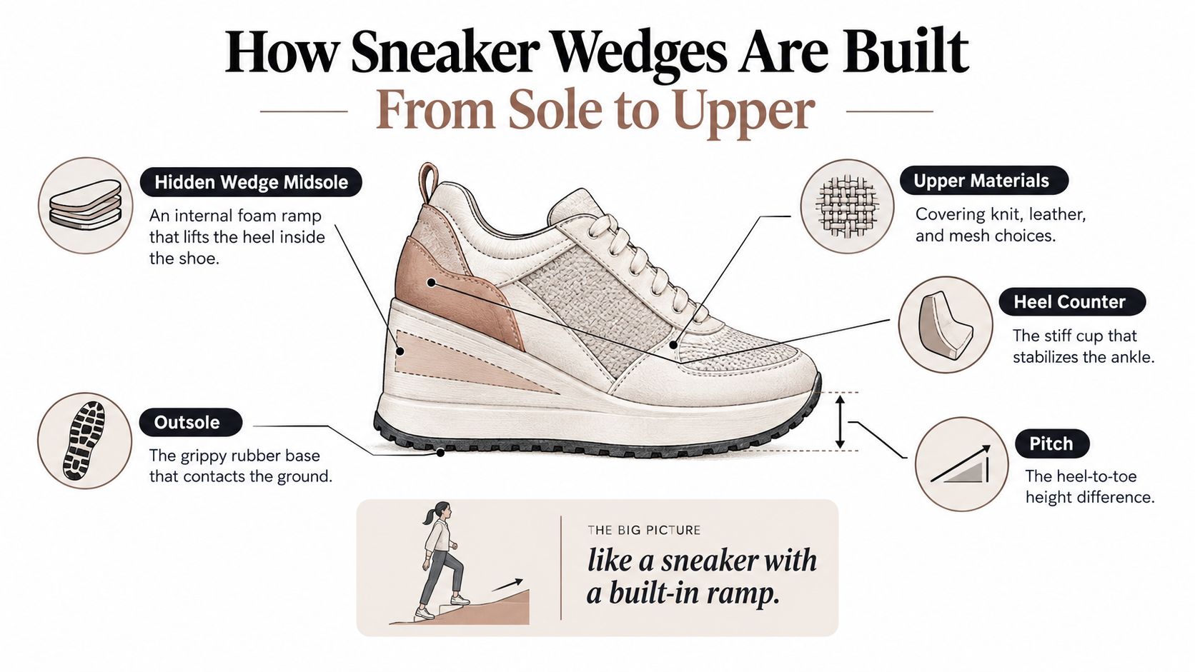 A diagram illustrating the components of a sneaker wedge shoe, including the outsole, hidden wedge midsole, and materials.