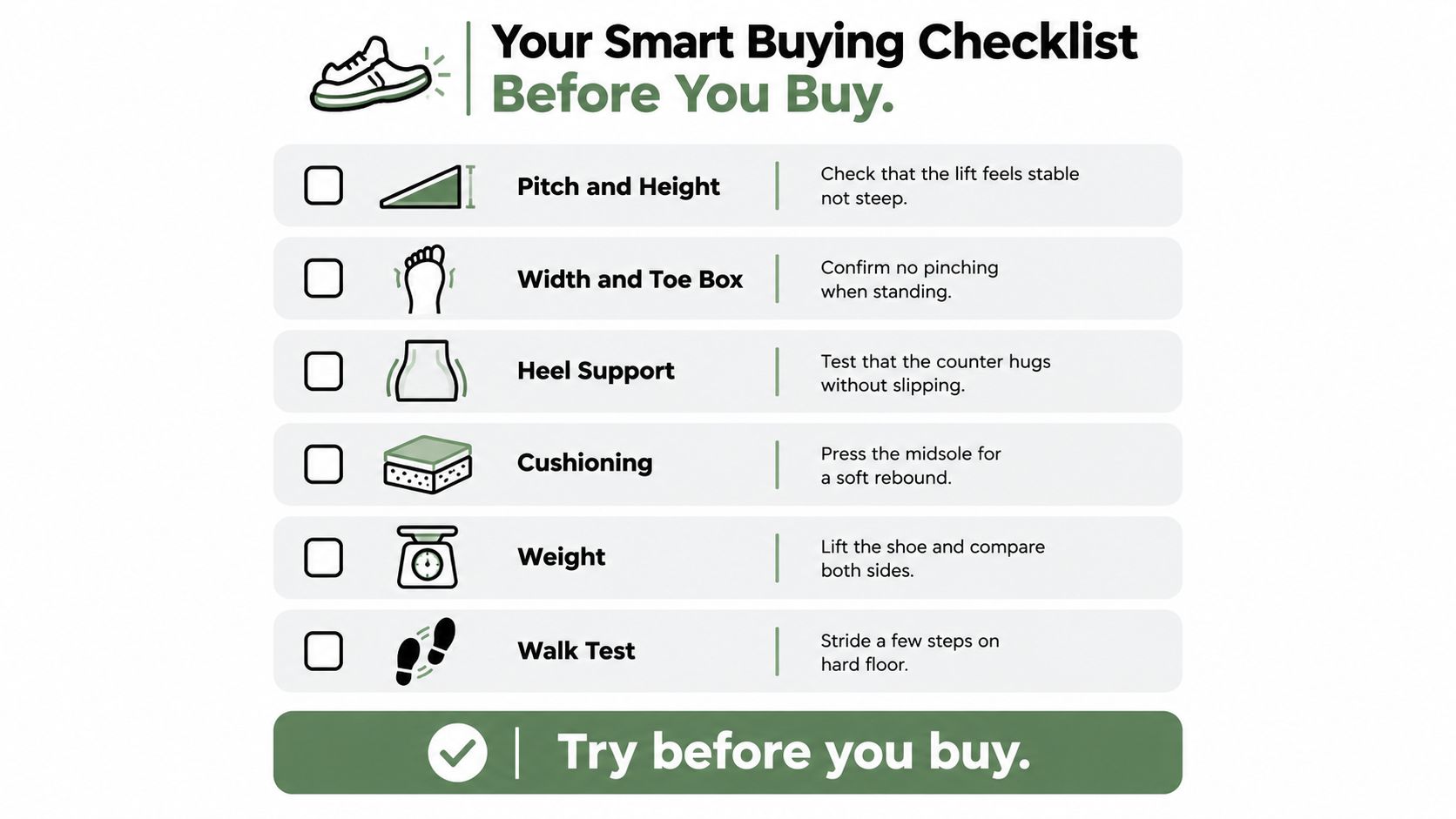 A checklist for buying comfortable shoes, featuring six tips for checking fit, support, cushioning, and weight.