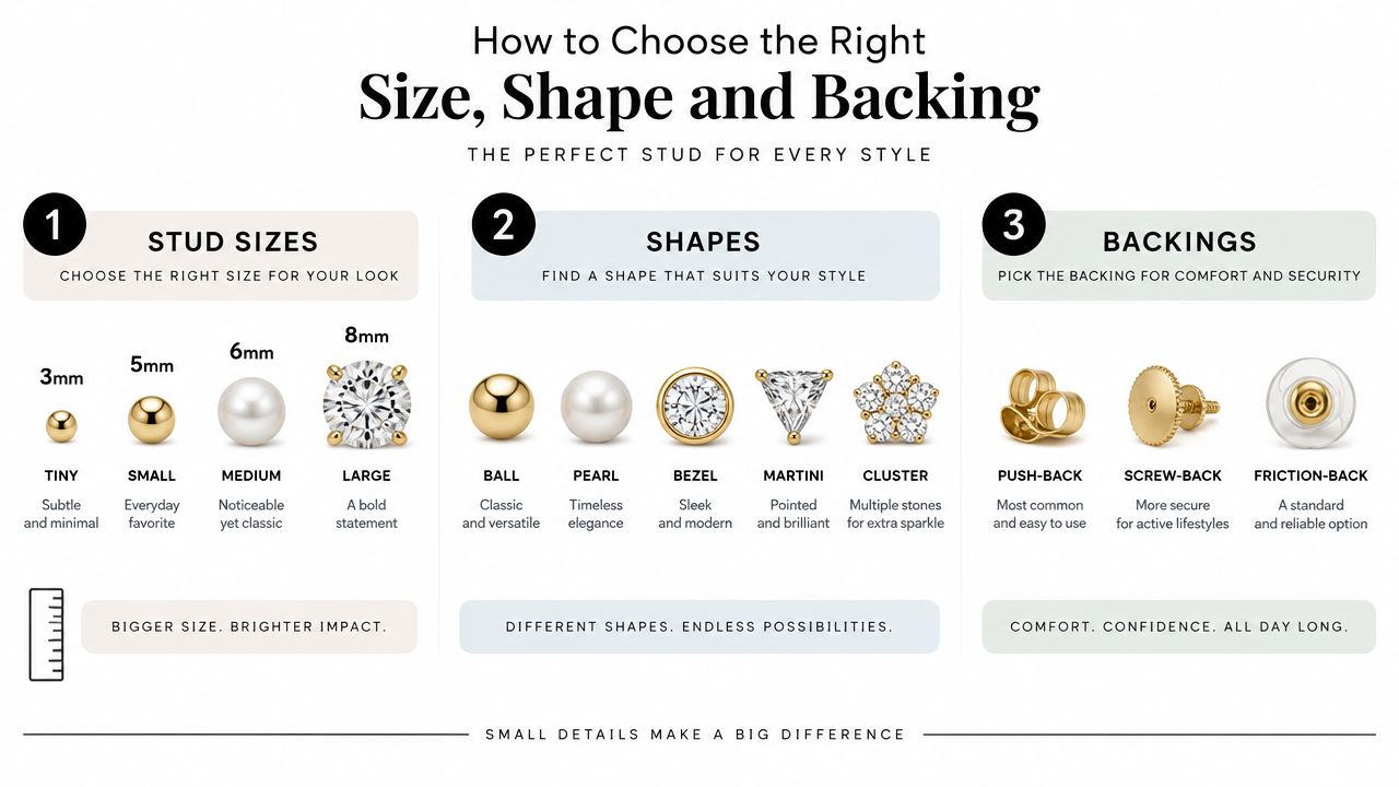 An infographic guide explaining how to choose the right size, shape, and backing for gold stud earrings.