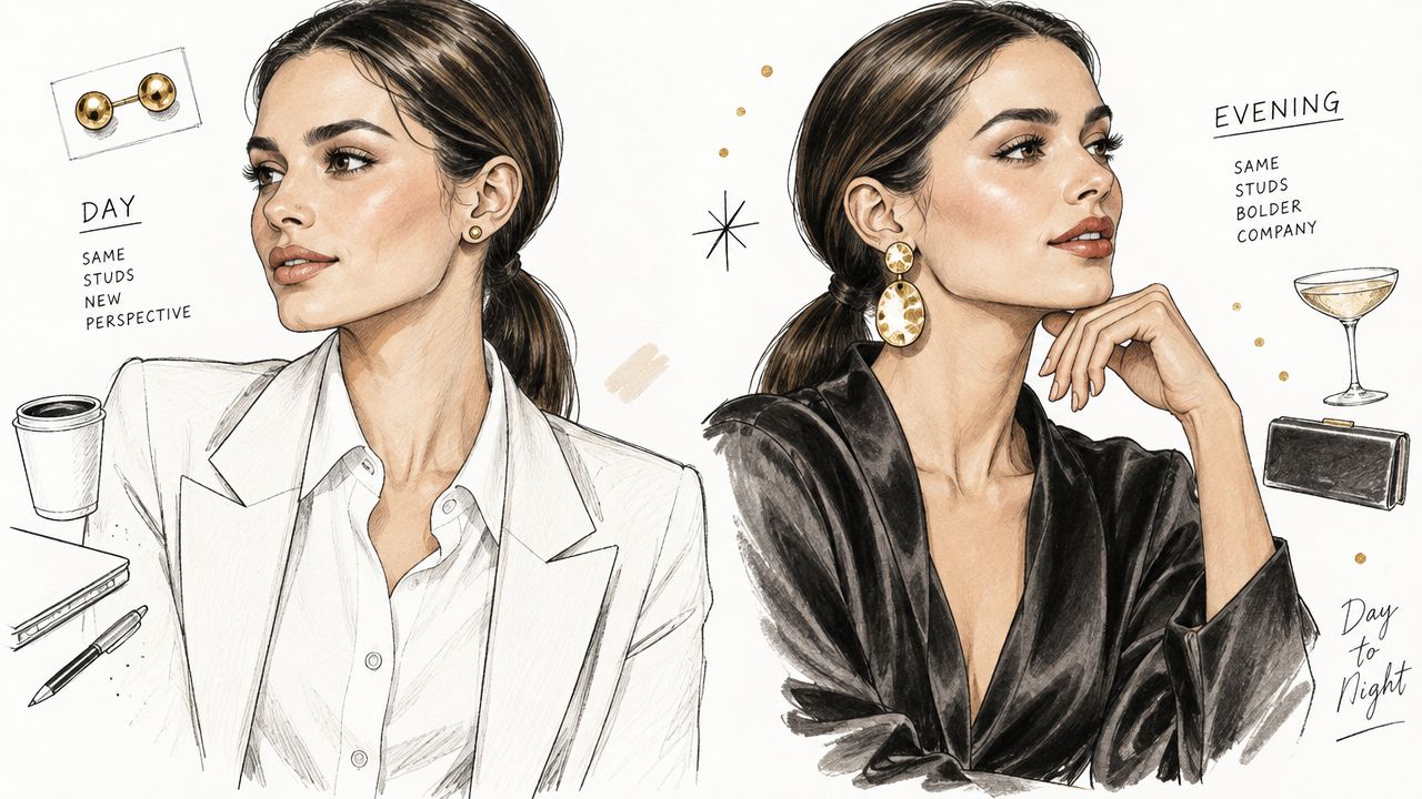 A fashion illustration comparing day-to-night styling with gold stud earrings worn by a stylish woman.