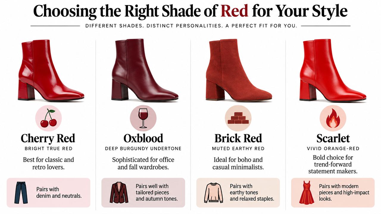 A style guide showcasing four different shades of red ankle boots with styling recommendations for each.