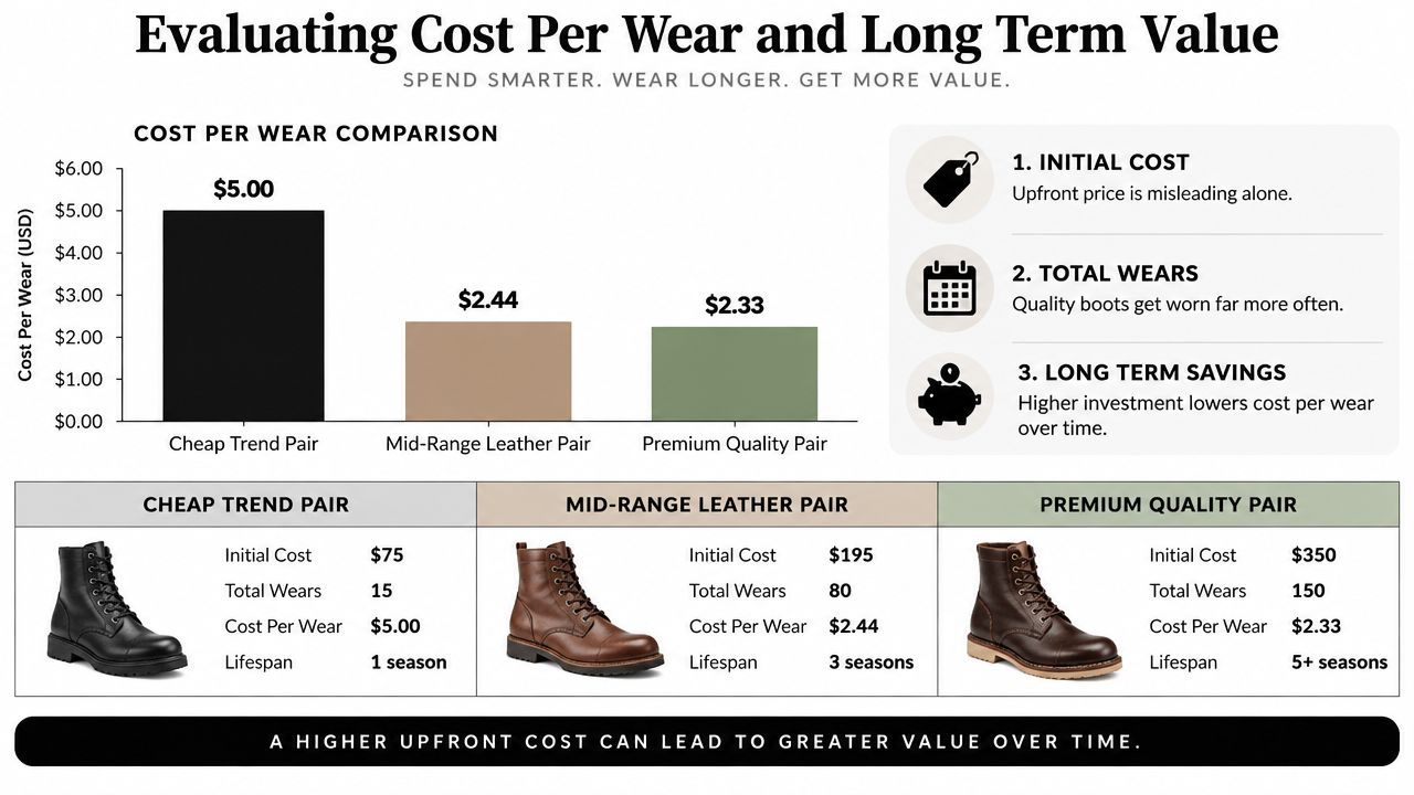 An infographic comparing the cost per wear and long-term value of cheap, mid-range, and premium boots.