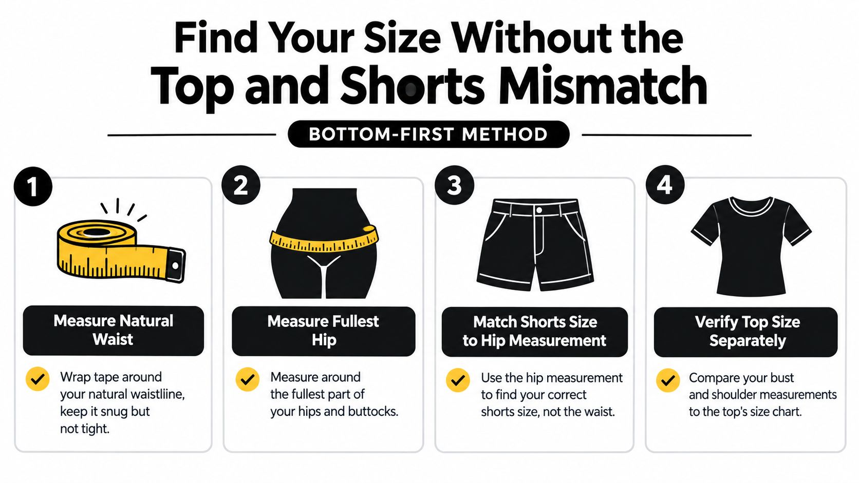 A four-step infographic guide on how to measure your body to find the correct womens shorts set size.