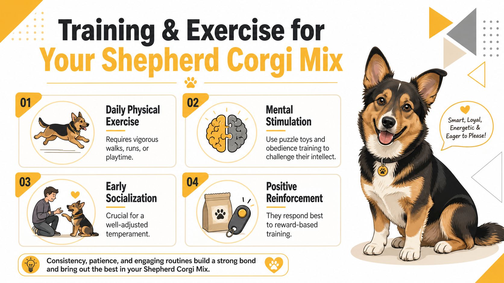 An infographic detailing essential training and exercise tips for a Shepherd Corgi mix dog breed.