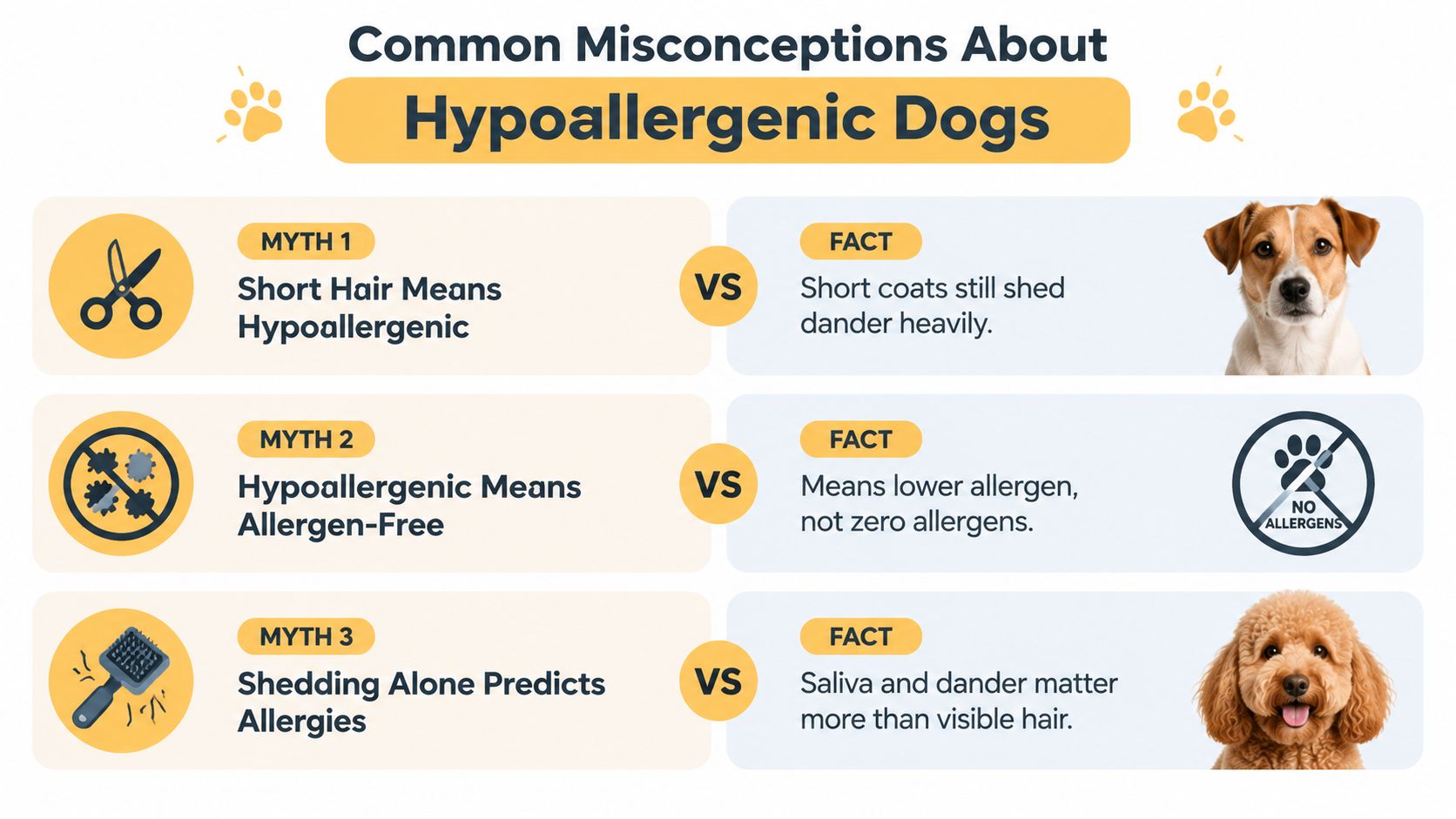A chart debunking three common misconceptions about hypoallergenic dogs, comparing myths against the scientific facts.